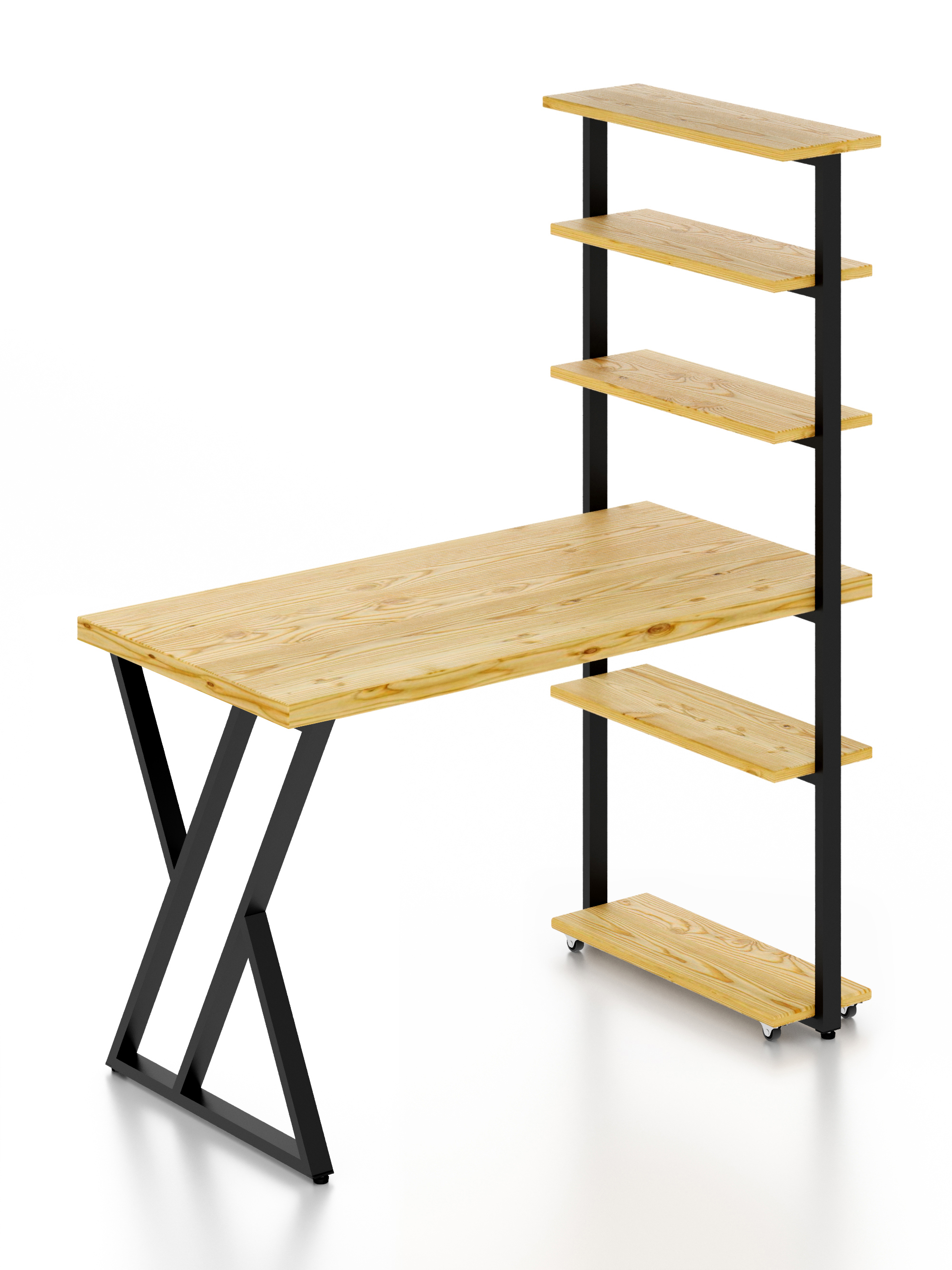 Изображение товара Стол Solarius loft с 5 полками столешница без покраски 40 мм 80x145x120 см черные металлические Z-образные ножки сосна цвет некрашеный