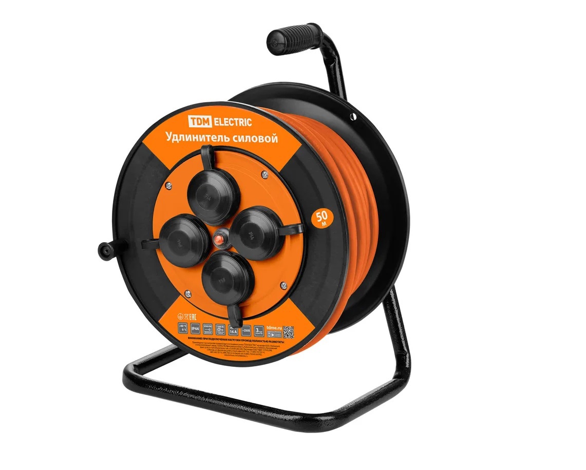 Изображение товара Удлинитель на катушке TDM ELECTRIC 50 м 4 розетки IP44 черный Изображение товара Удлинитель на катушке TDM ELECTRIC 50 м 4 розетки IP44 черный