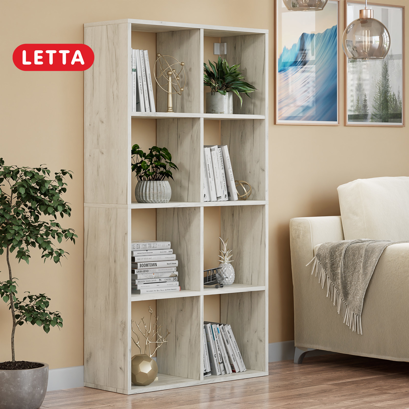 Изображение товара Стеллаж Letta Quattro 8 секций белый дуб крафт 70.6x139.6x28 см мебель для хранения