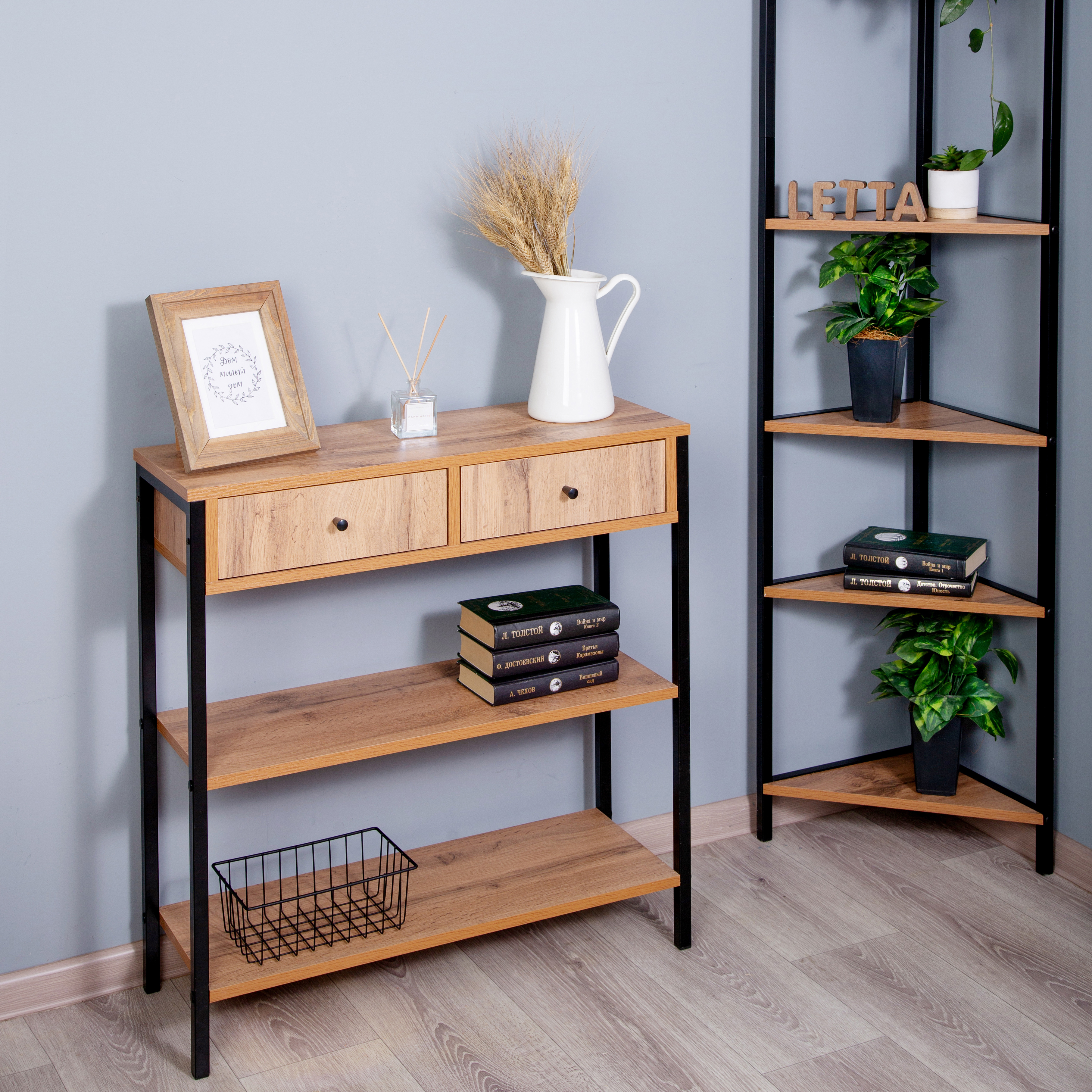 Изображение товара Комод Letta Frame 75.40x77.40x30.40 см 2 ящика ЛДСП цвет дуб вотан/черный металл