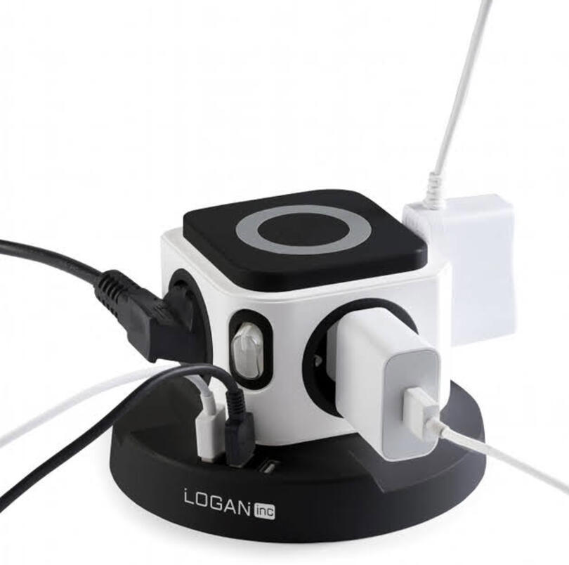 Изображение товара Удлинитель бытовой Logan inc с 4 розетками и 3 USB портами 2 м черный/белый