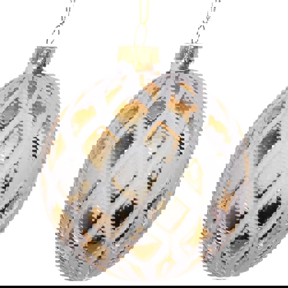 Изображение товара Елочный шар 8 см винтажный стеклянный жёлтый золотой с узором