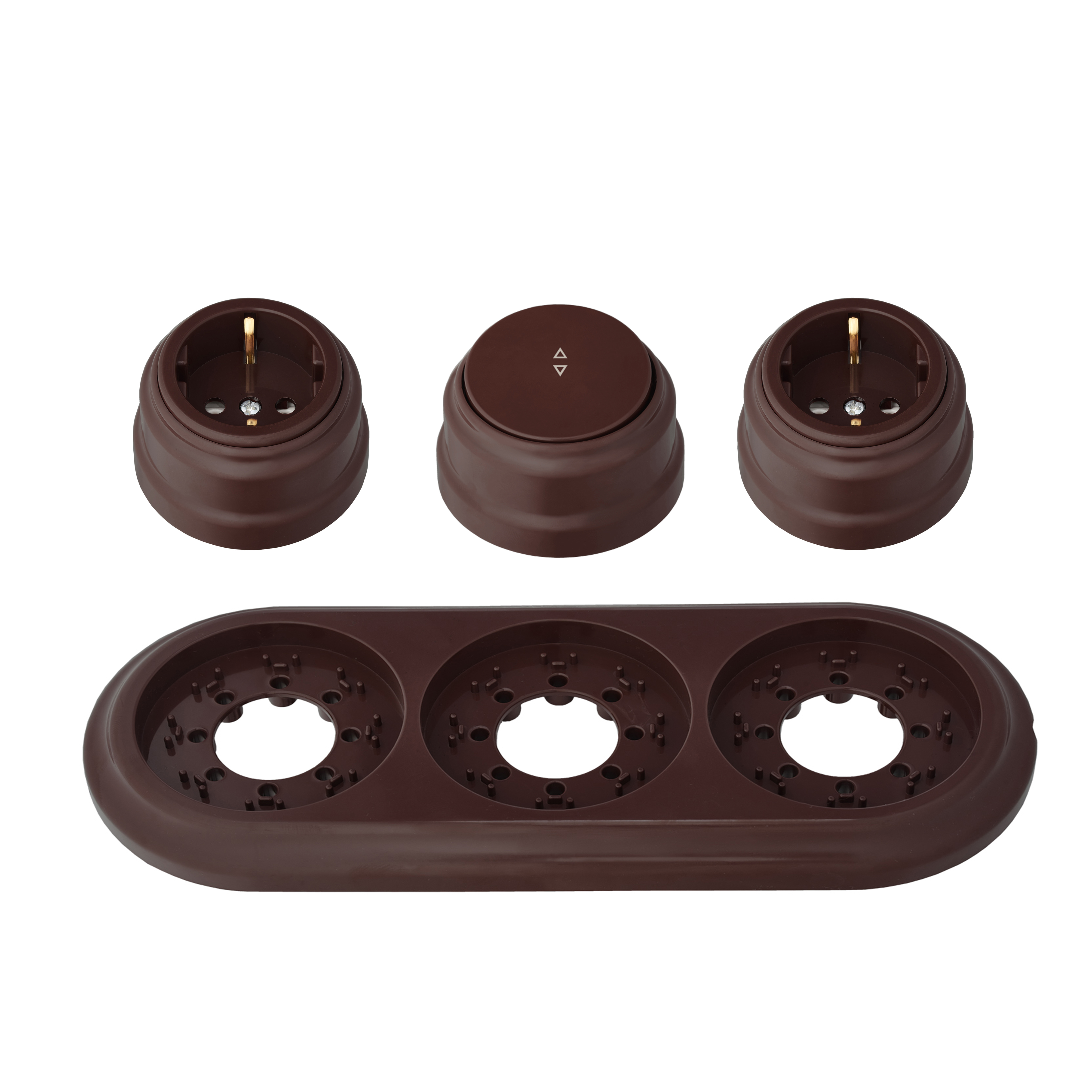 Изображение товара Розетка с выключателем и рамкой 3 поста накладные Bylectrica Ретро РА16-0202 А610-2261 ЮЛИГ.735212.472 с заземлением цвет шоколад
