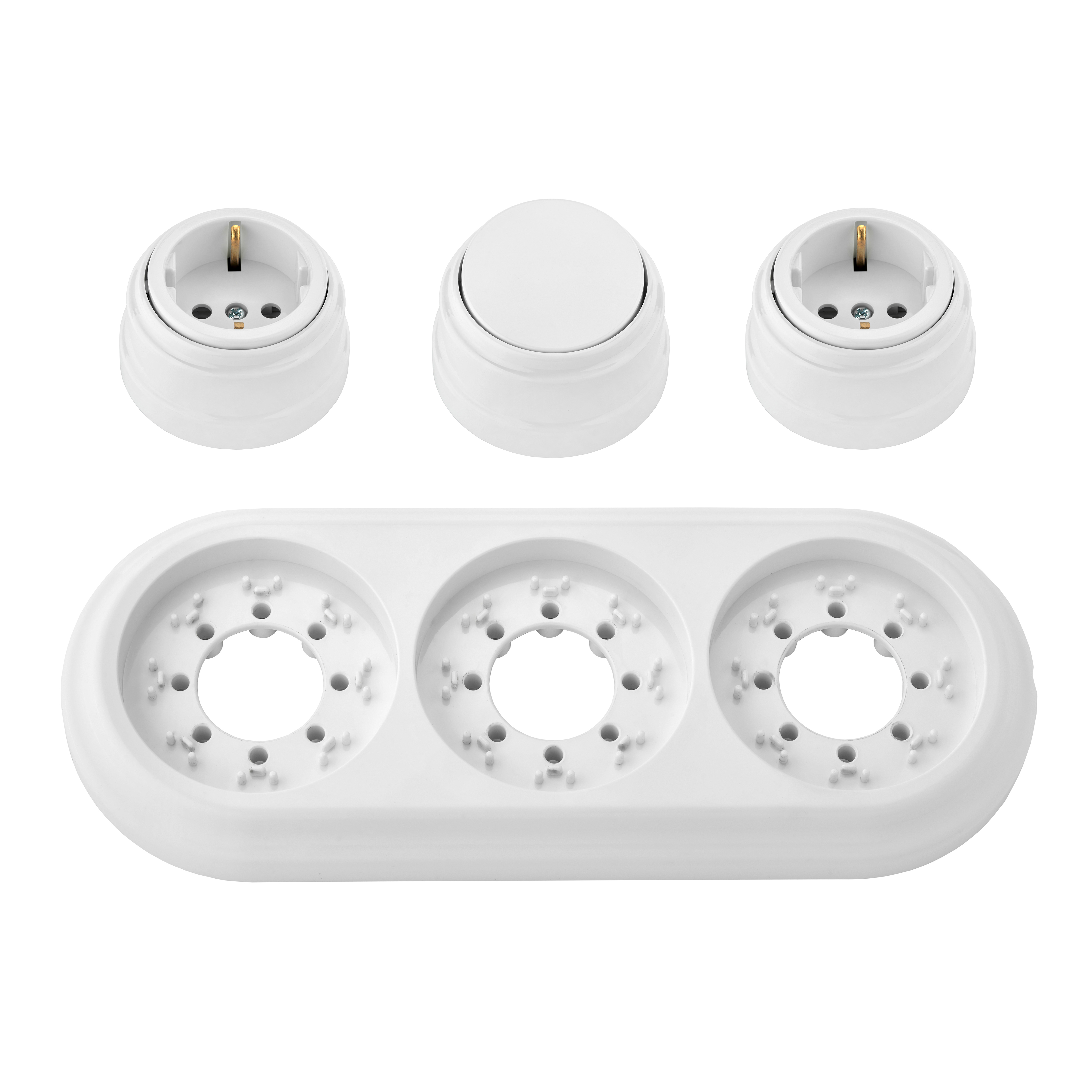 Изображение товара Розетка с выключателем и рамкой 3 поста накладные Bylectrica Ретро РА16-0202 А16-2211 ЮЛИГ.735212.472 с заземлением цвет белый