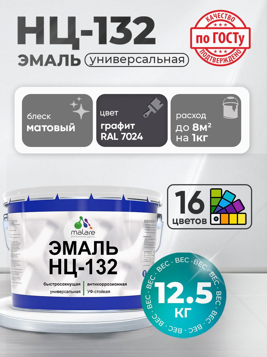 Изображение товара Эмаль универсальная Malare Professional НЦ-132 быстросохнущая цвет RAL 7024 графит матовая 12.5 кг