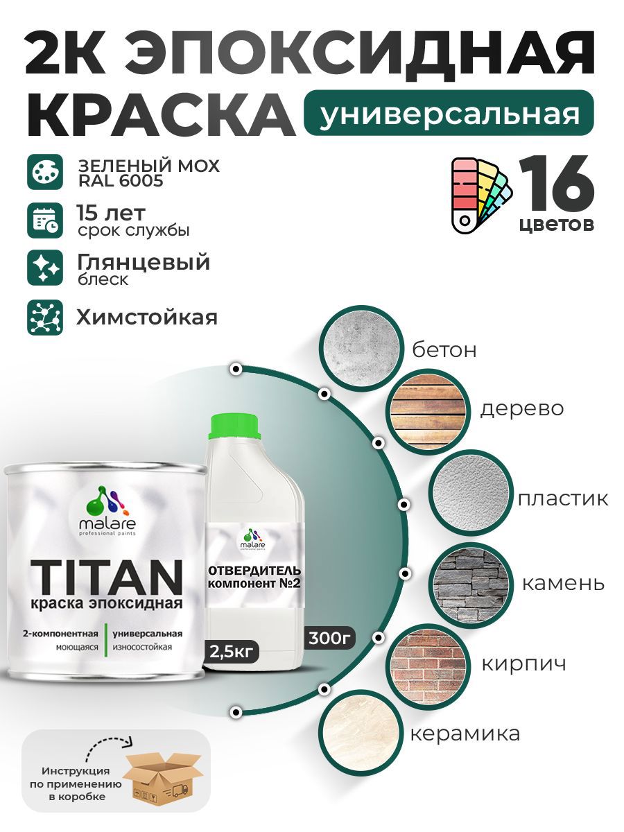 Изображение товара Краска эпоксидная двухкомпонентная Malare Titan высокопрочная глянцевая цвет RAL 6005 зелёный мох 2.5 кг отвердитель 0.3 кг
