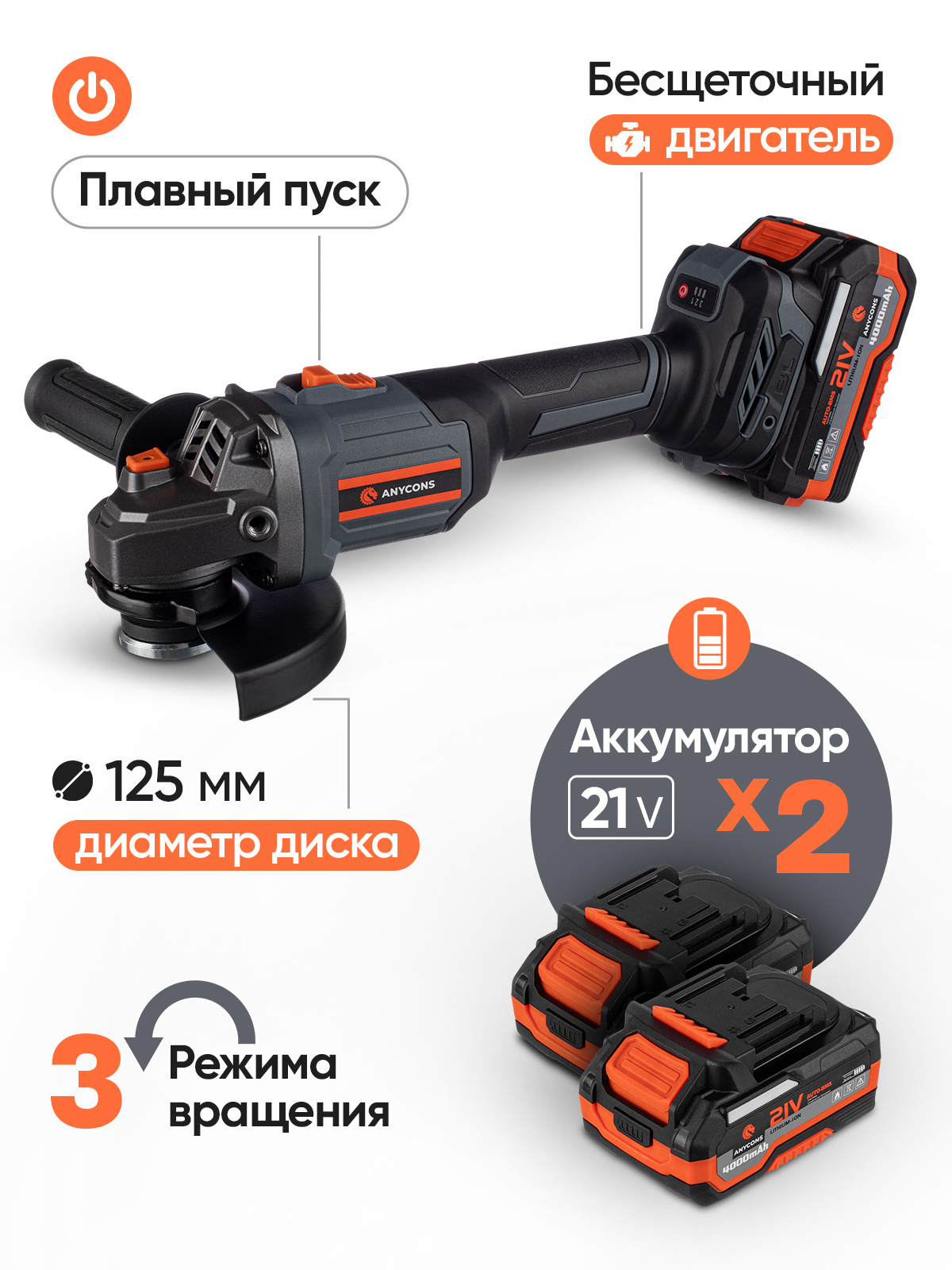 Изображение товара Аккумуляторная профессиональная УШМ Anycons JM-125S 125 мм 21 В бесщеточный