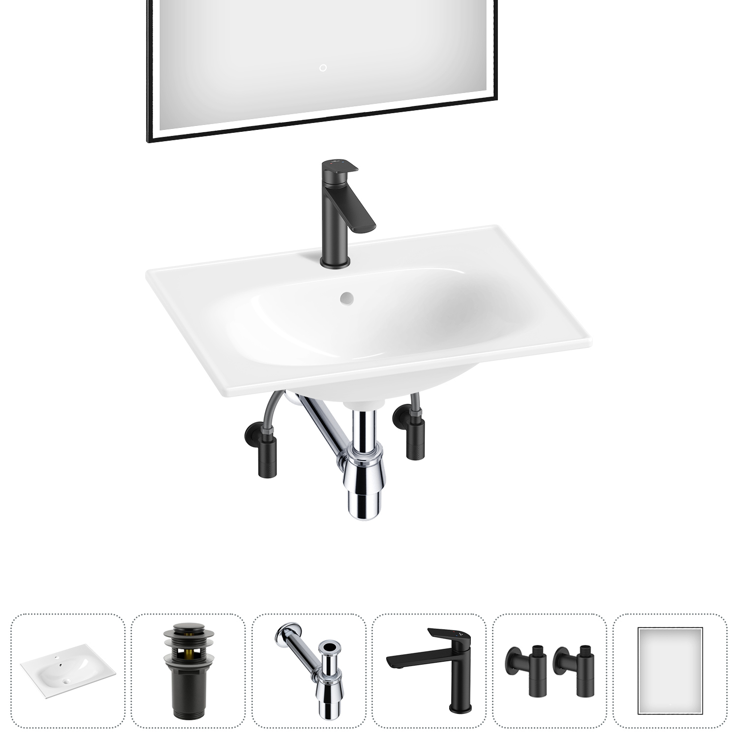 Изображение товара Раковина Lavinia boho bathroom sink 20217624R 60см цвет раковина 6 в 1: донный клапан, сифон, смеситель, вентили, зеркало