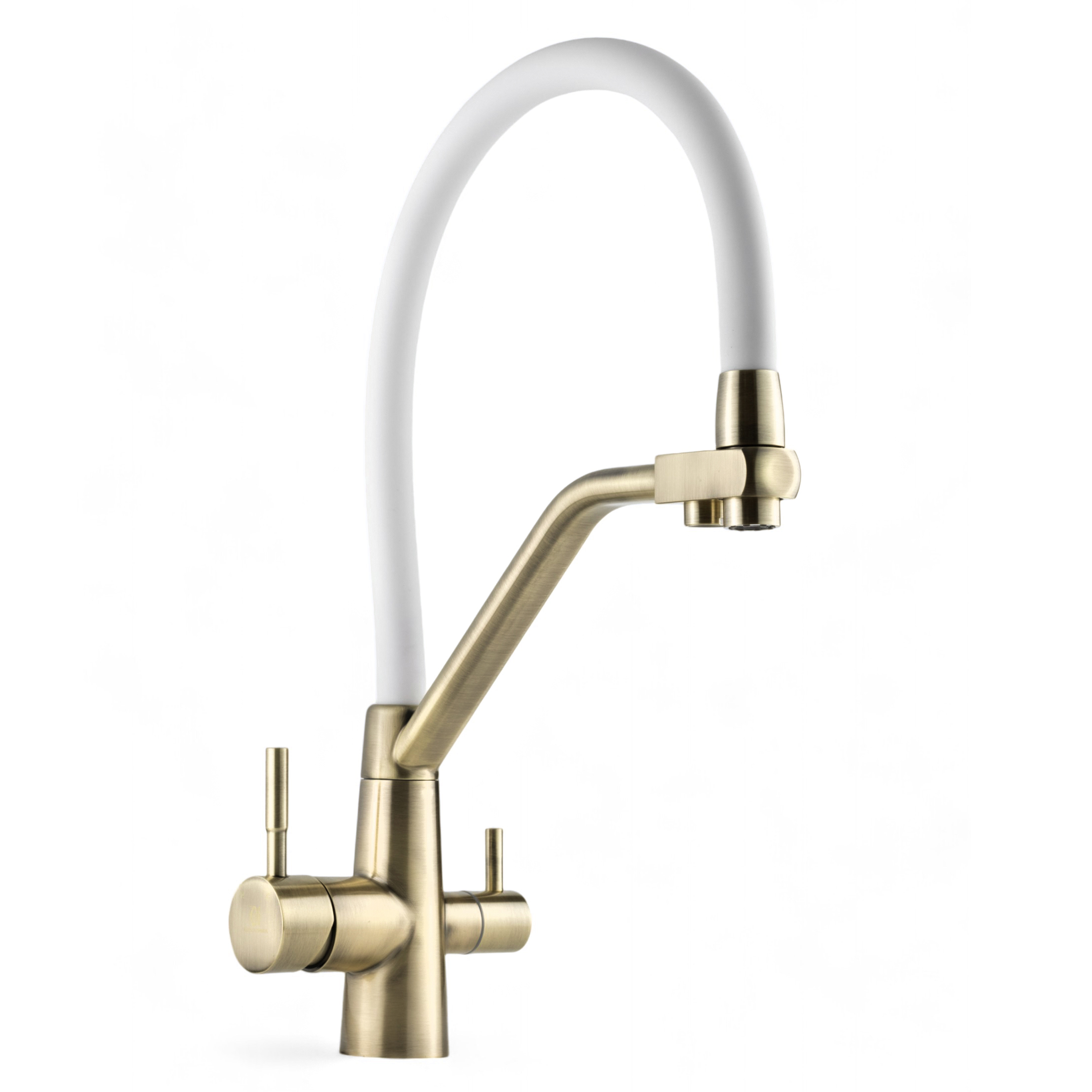 Изображение товара Смеситель для кухни Wasser zimmer Zm-3010B с фильтром для питьевой воды гибкий силиконовый излив 23 см цвет белый/бронза