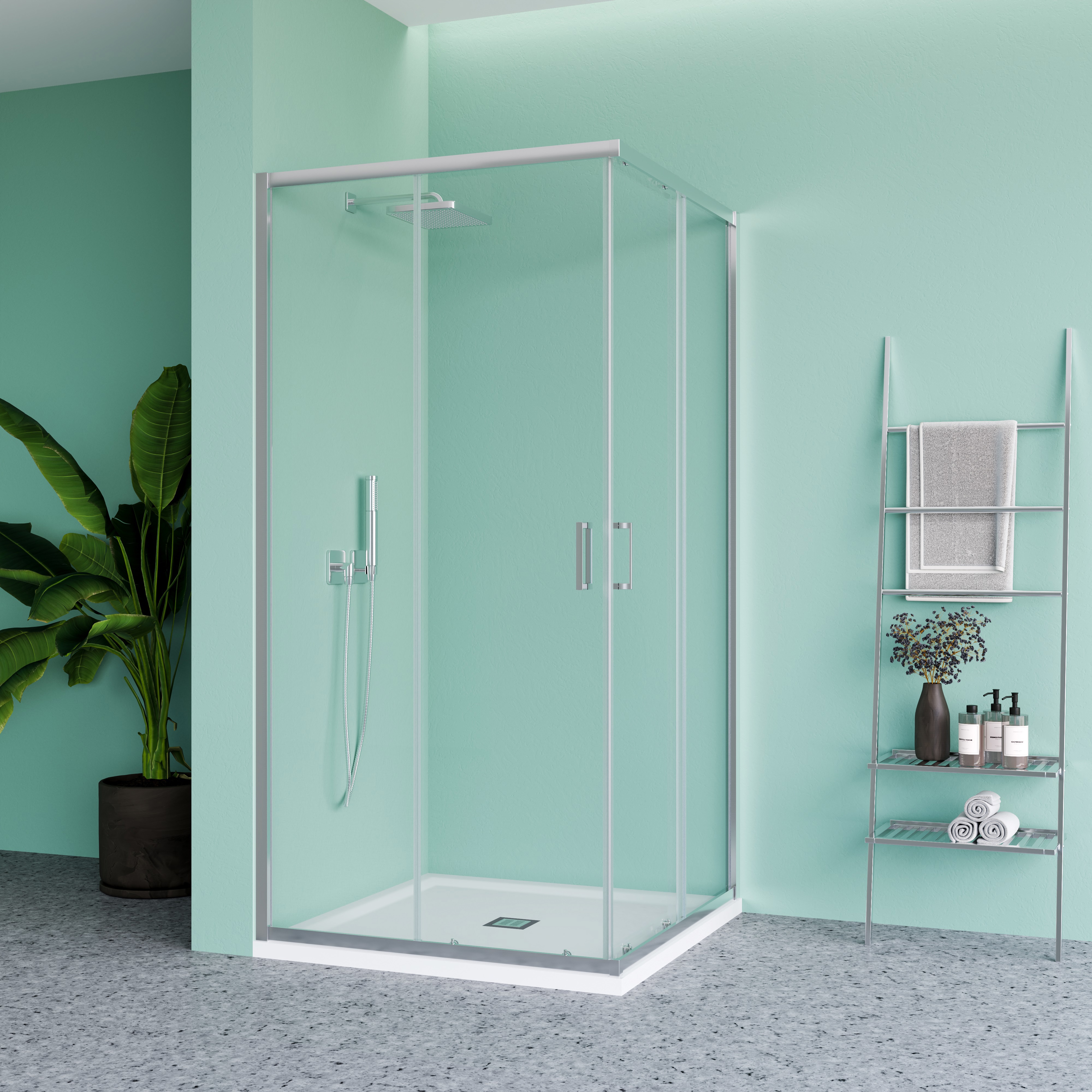 Изображение товара Душевой уголок Mebelvann - BEN_901_SL_C_1950x1000x1000 прямоугольный 100x100см хромированный профиль эффект стекла прозрачное закаленное стекло