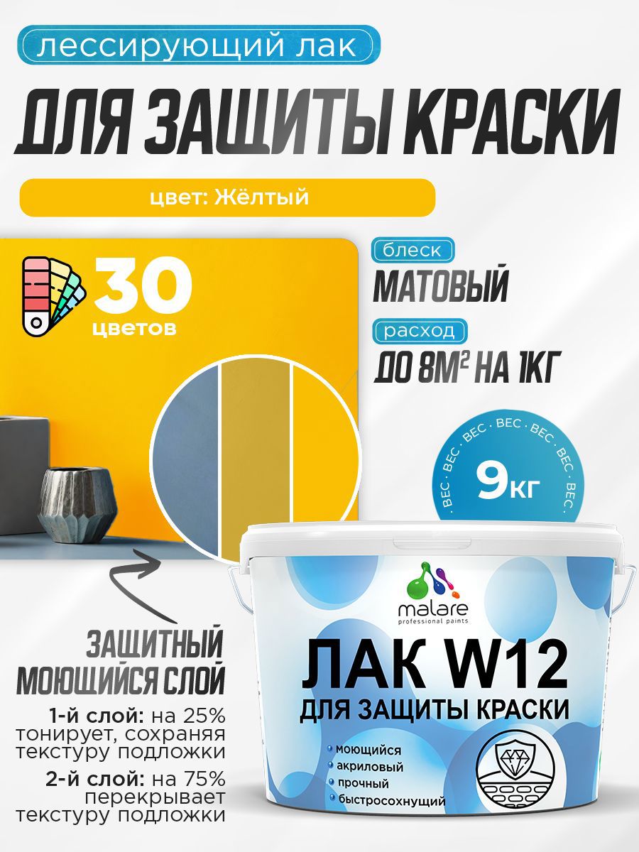 Изображение товара Лак для защиты акриловых красок тонирующий Malare Series W моющийся экологичный матовый желтый 9 кг