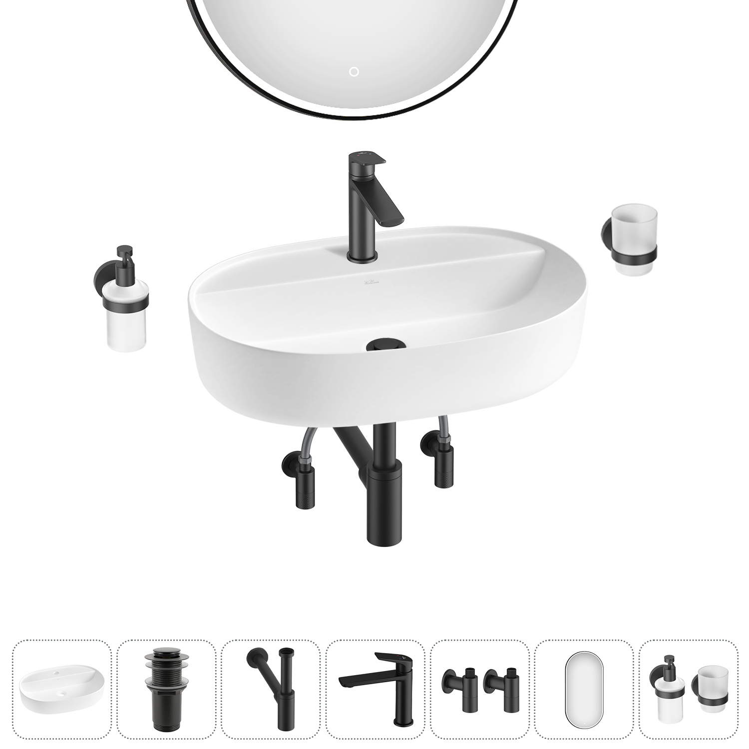 Изображение товара Раковина накладная Wellsee Chic Riviera 50см комплект 7 в 1 современная керамика