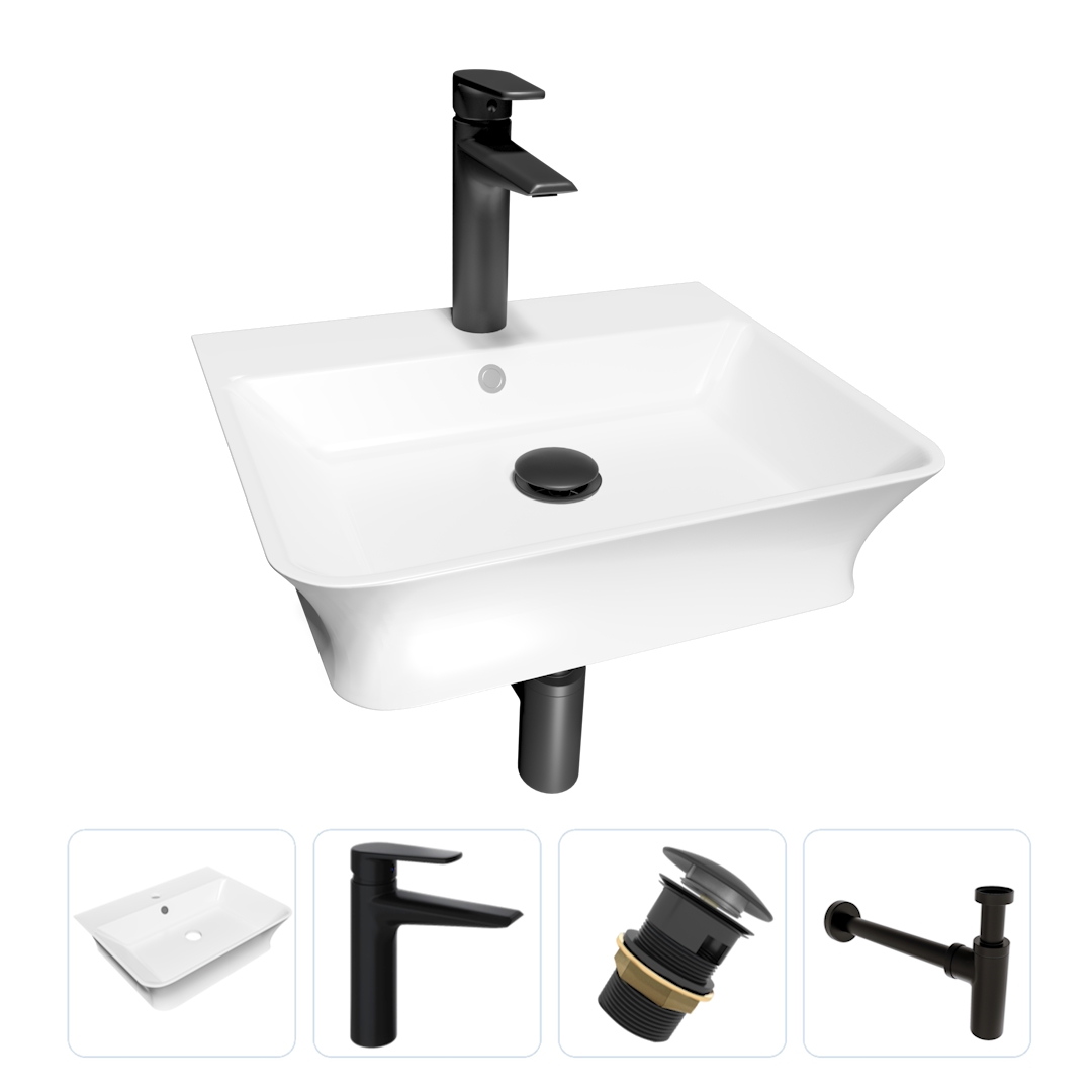 Изображение товара Комплект Teymi F13183 4 в 1: раковина Aina 49 с полочкой смеситель Kati, черный матовый донный клапан с переливом сифон