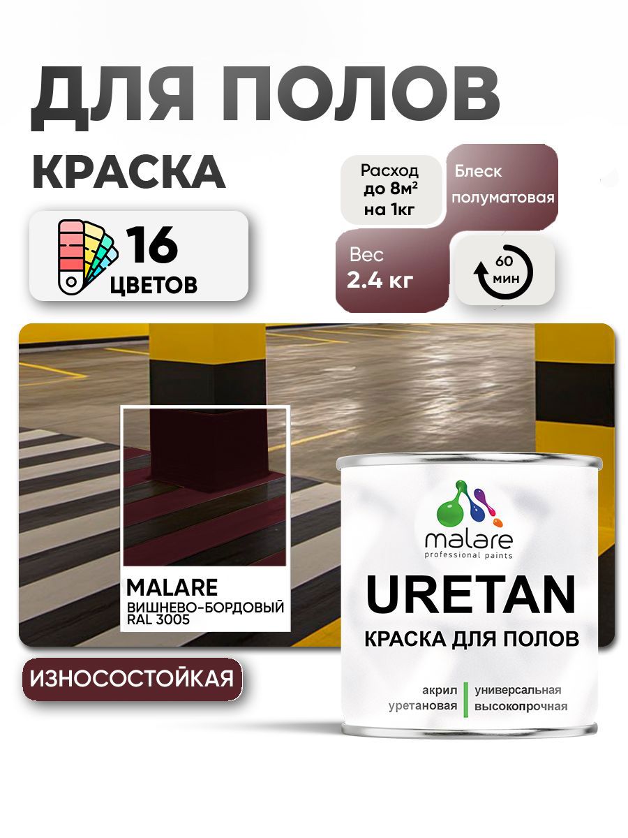 Изображение товара Эмаль для бетонных полов Malare Professional Uretan износостойкая полуматовая цвет RAL 3005 вишневый бордовый 2.4 кг