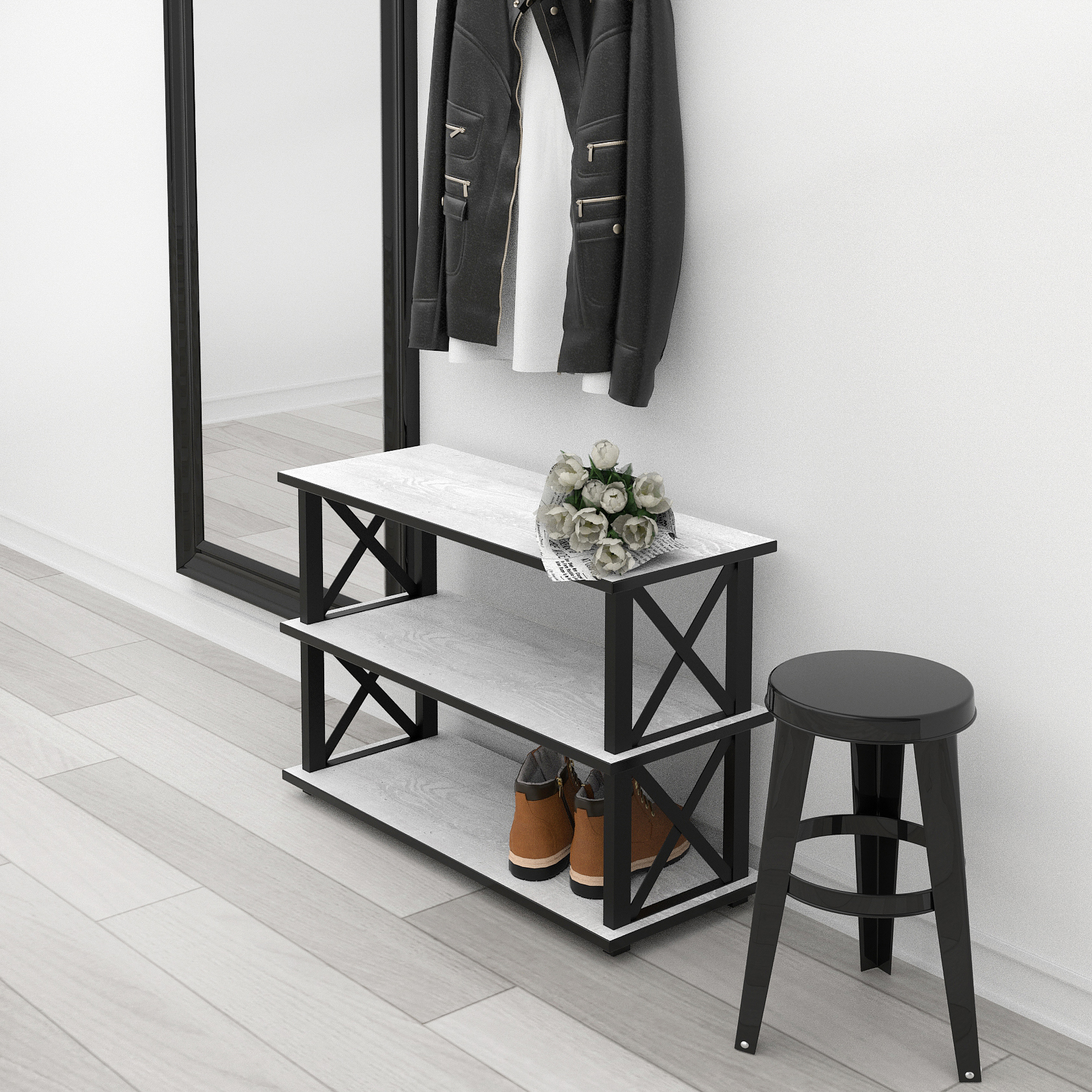 Изображение товара Этажерка для обуви Make mebel 75x49x30 см 3 полки металл цвет белый, черный Изображение товара Этажерка для обуви Make mebel 75x49x30 см 3 полки металл цвет белый, черный
