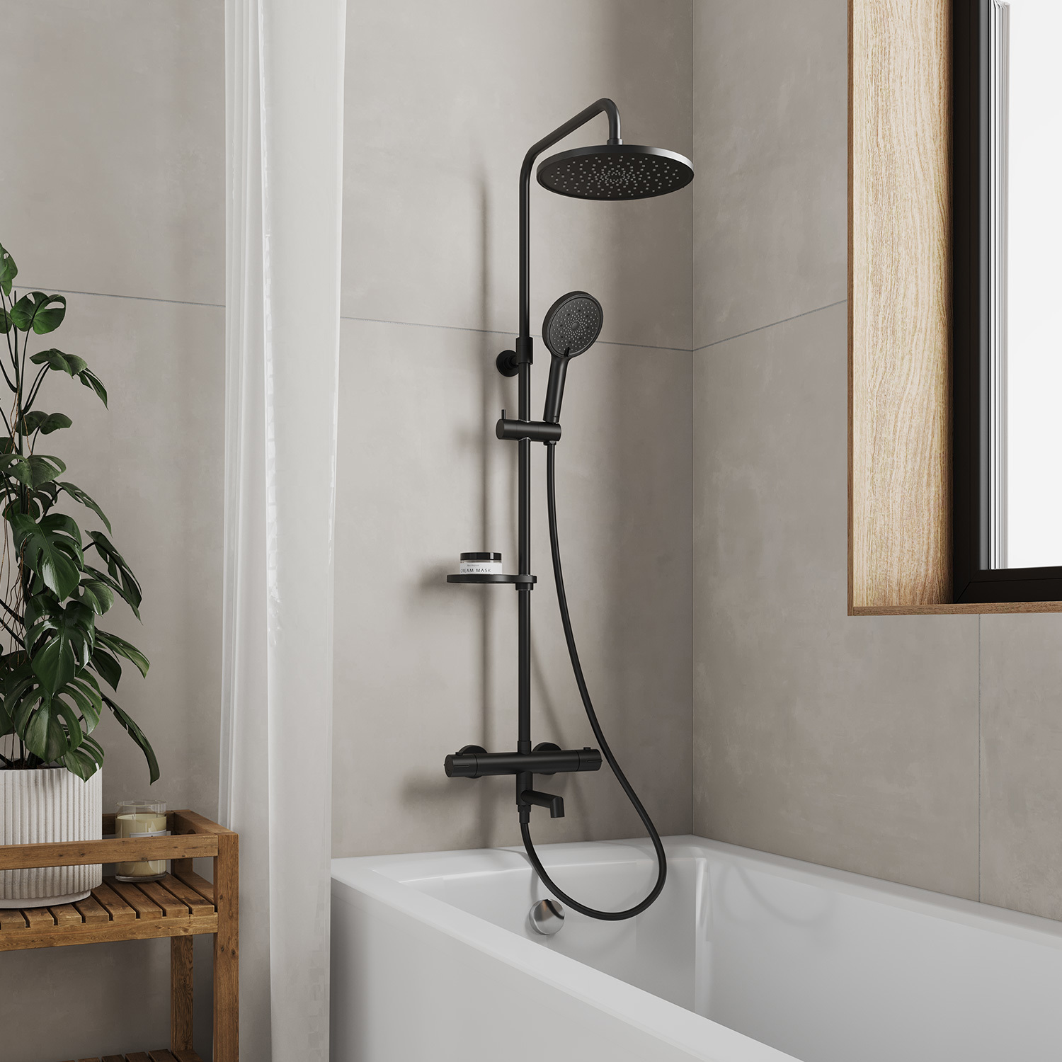 Изображение товара Смеситель термостатический для ванны Ideal Spa Milardo ILSBLTHM06 со стойкой и тропической лейкой цвет черный матовый