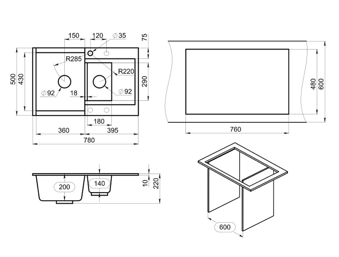 Изображение товара Мойка для кухни Granula Estetica ES-7808 из искусственного камня 50x78 см черный матовый