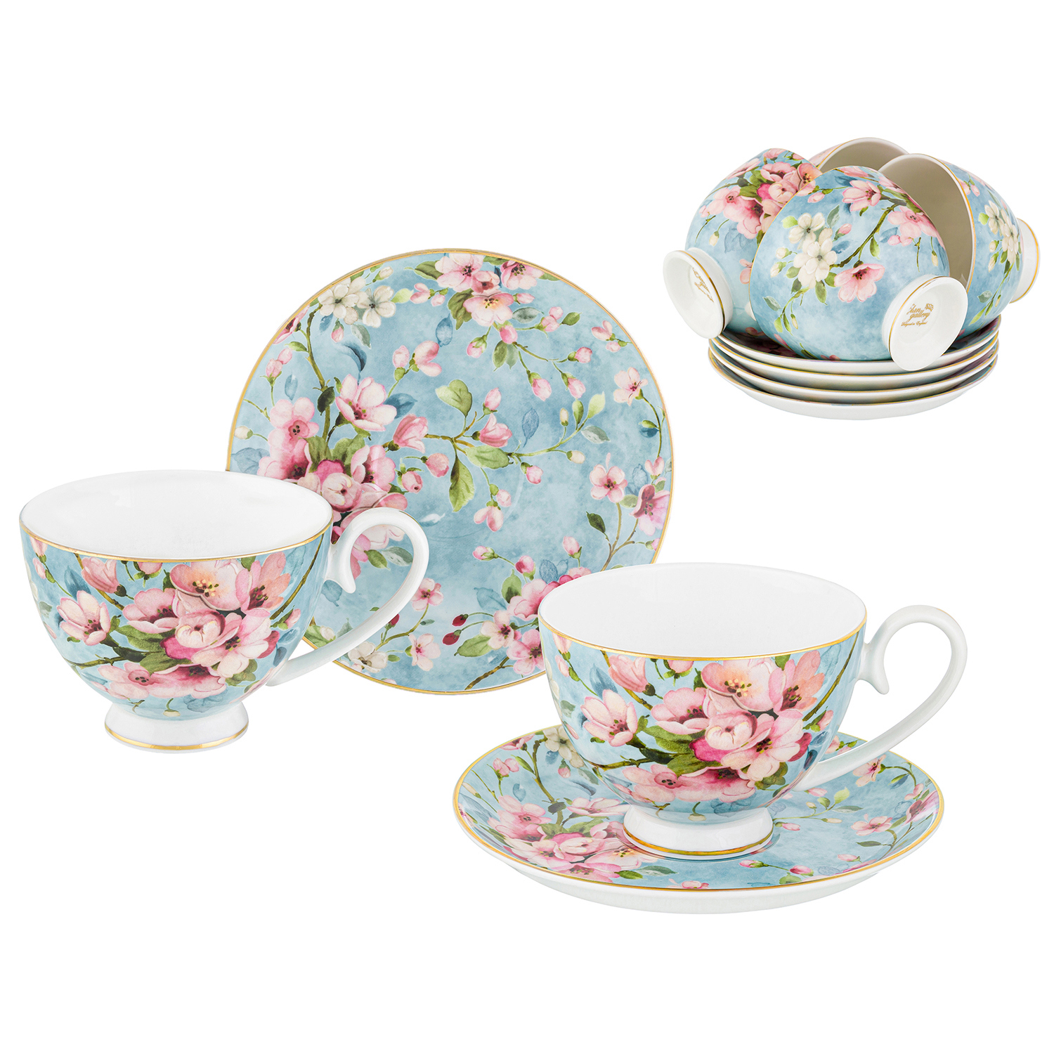 Изображение товара Чайный набор Яблоневый цвет на голубом фарфор Elan Gallery 6 чашек и блюдец