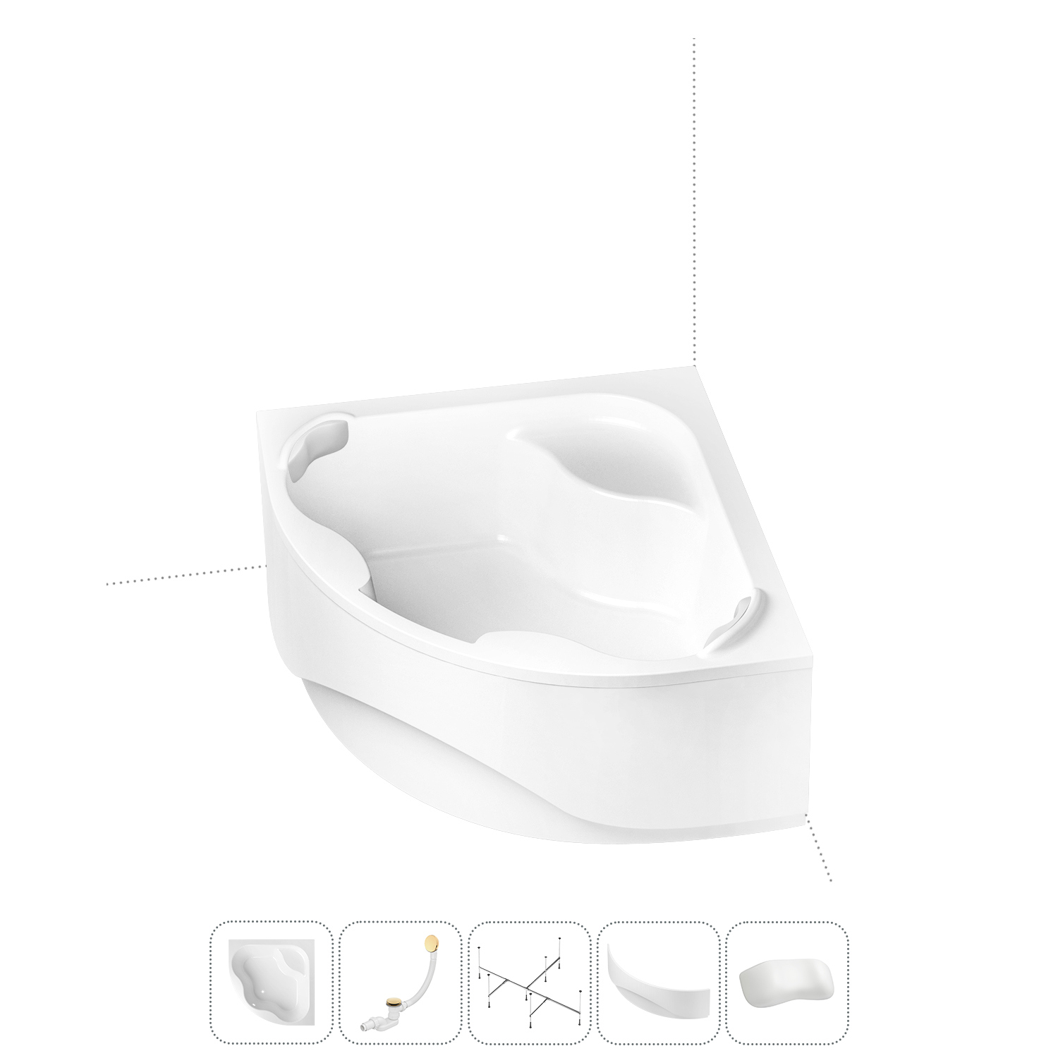 Изображение товара Ванна угловая Lavinia Boho Aveo 202011784 литьевой акрил 150x150 с каркасом, экраном, слив-переливом и подголовником