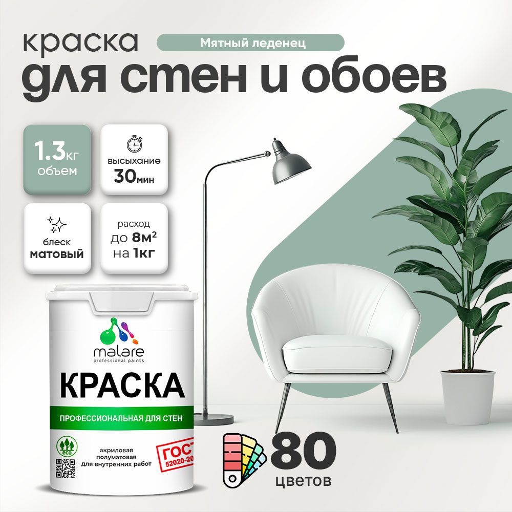 Изображение товара Краска для стен Malare Professional без запаха матовая цвет мятный леденец 1л