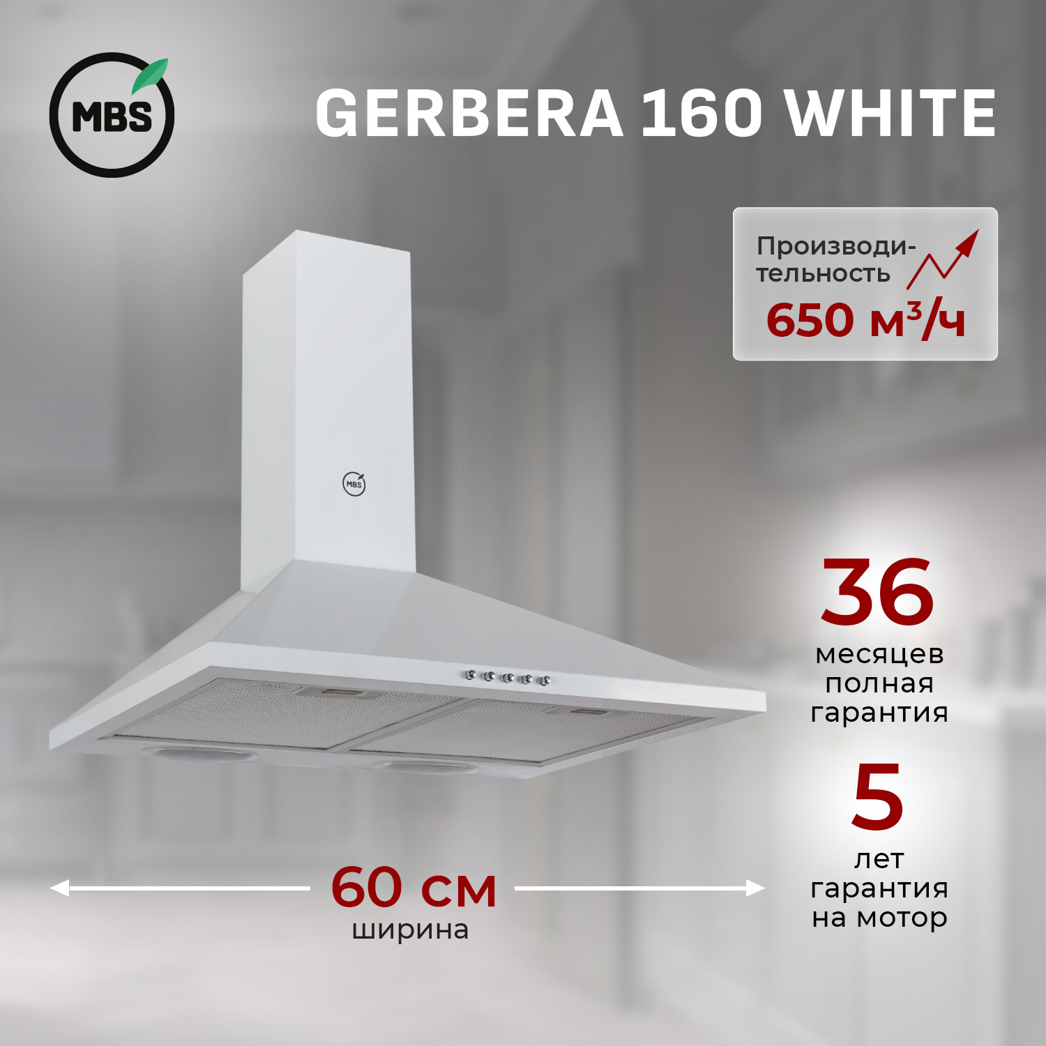 Изображение товара Встраиваемая кухонная вытяжка GERBERA 160 WHITE мощность 650 м³/ч швейцарский бренд