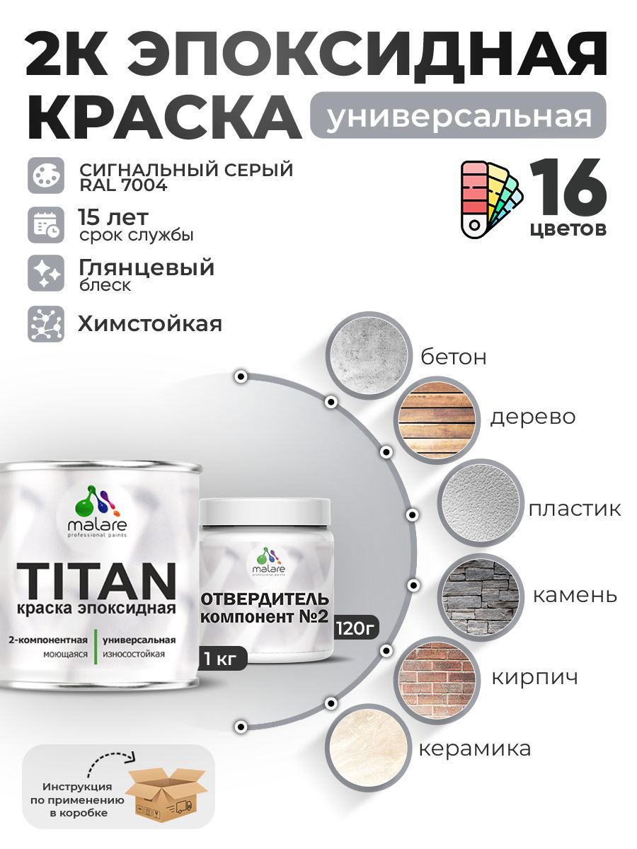 Изображение товара Краска эпоксидная двухкомпонентная Malare Titan высокопрочная глянцевая цвет RAL 7004 сигнальный серый 1 кг отвердитель 0.12 кг