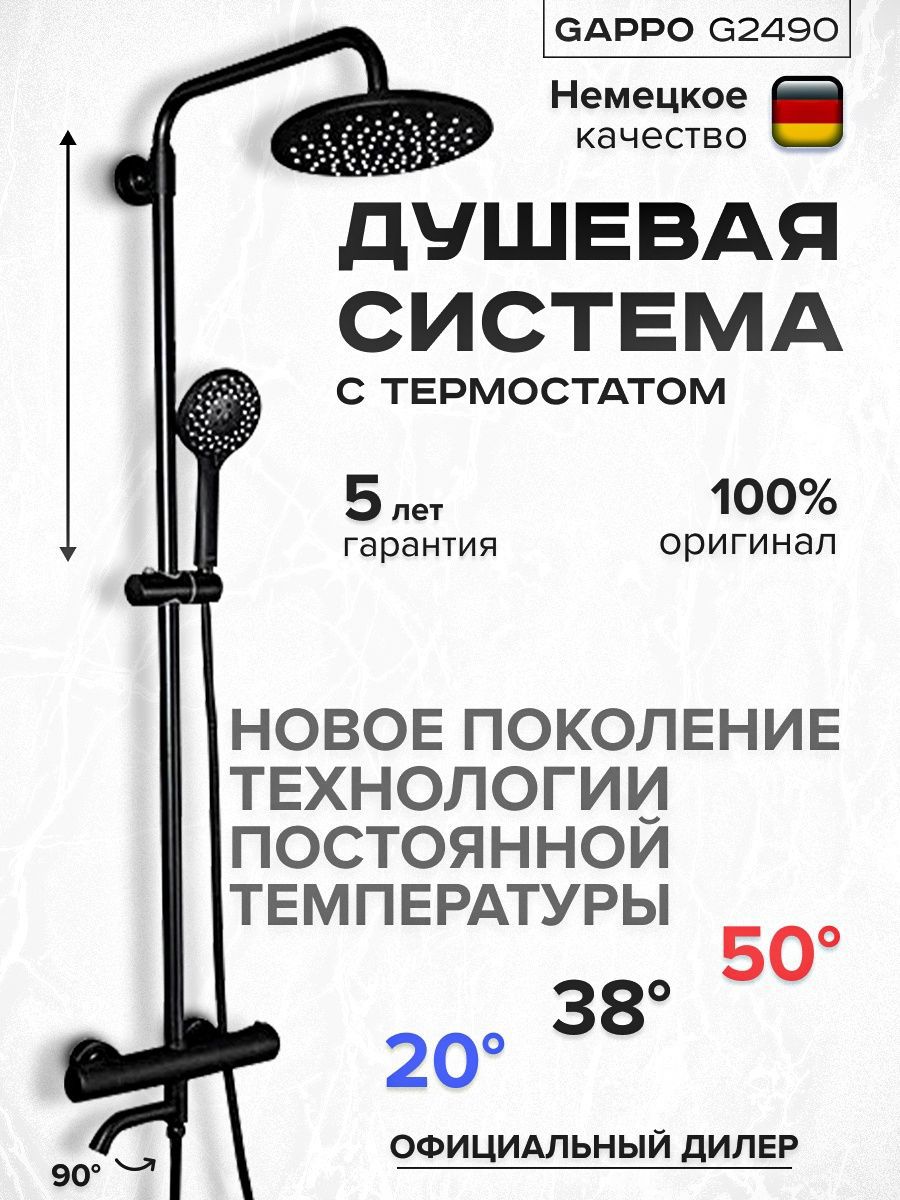 Изображение товара Душевая система Gappo G2490-6 с термостатом тропическим душем черная
