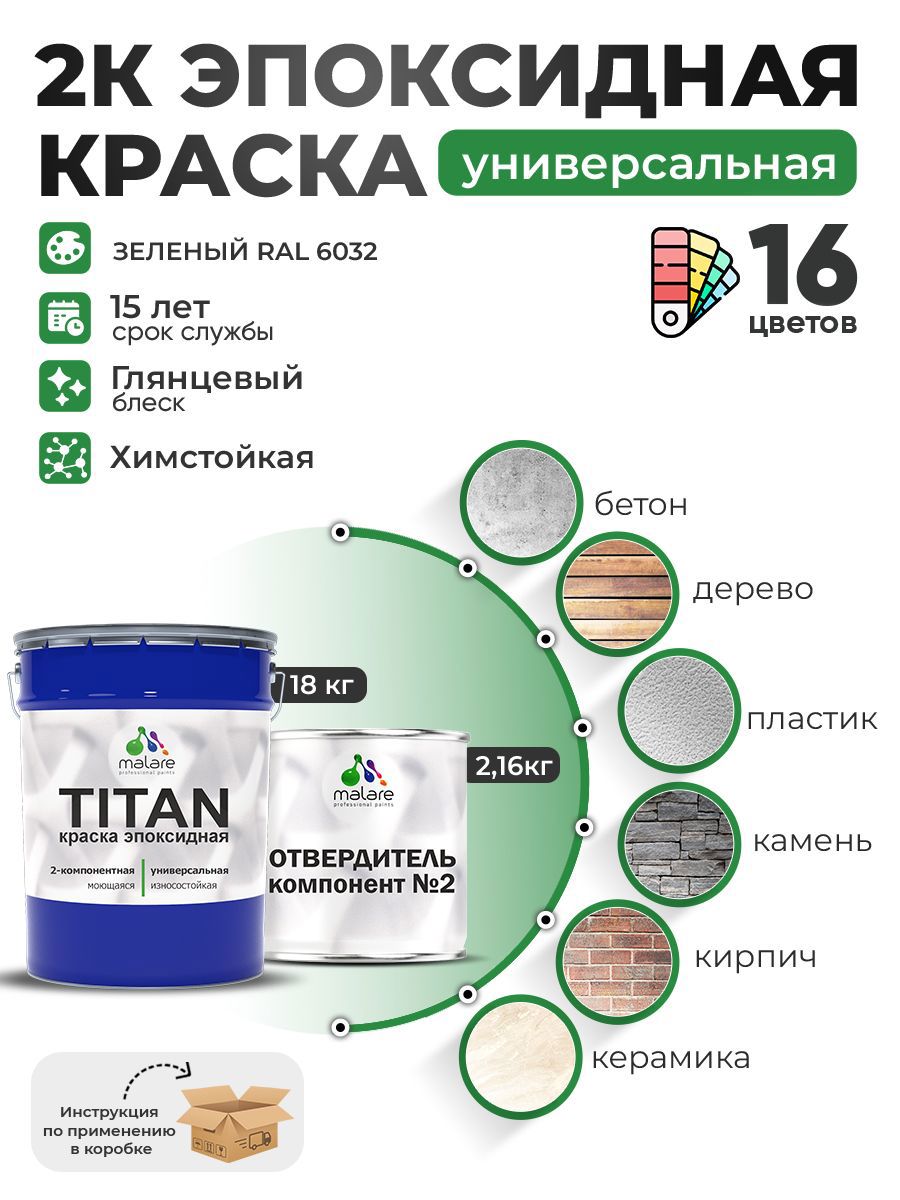 Изображение товара Краска эпоксидная двухкомпонентная Malare Titan высокопрочная глянцевая цвет RAL 6032 зеленый 18 кг отвердитель 2.16 кг