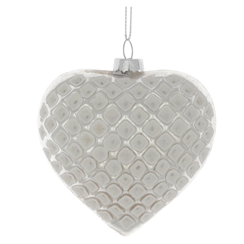 Изображение товара Элегантная стеклянная елочная игрушка сердце белая 10х4 см
