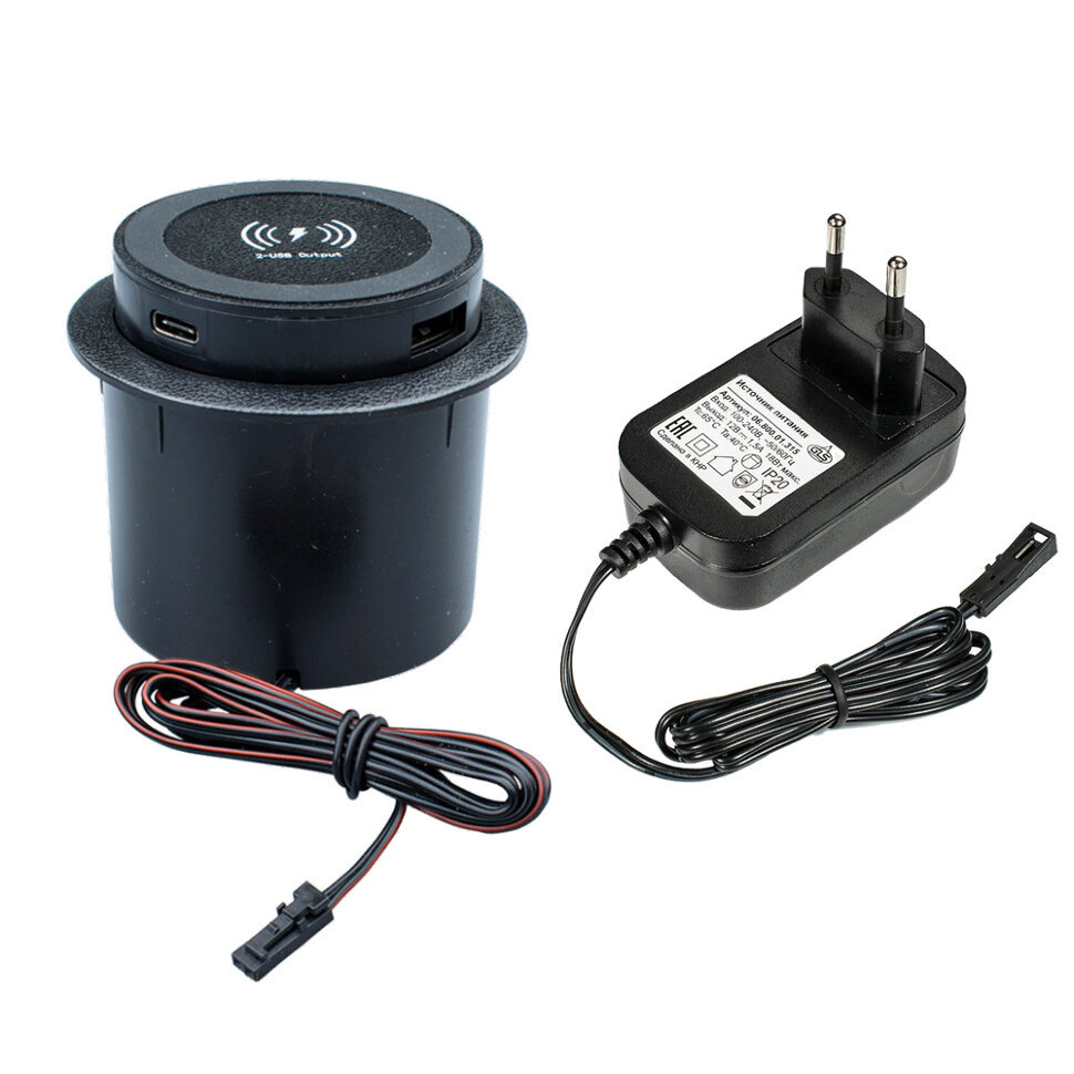 Изображение товара Розетка выдвижная встраиваемая Gls Pop up Lift mini D21728 с заземлением вертикальная 2 USB Wireless 10 Вт цвет черный