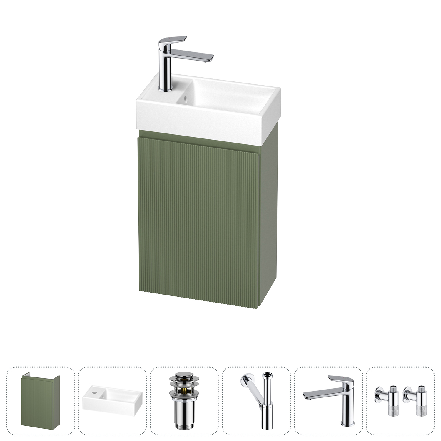 Изображение товара Тумба с раковиной подвесная Wellsee WC Area 20216896R с донным клапаном, сифоном, смесителем и вентилями цвет зеленый