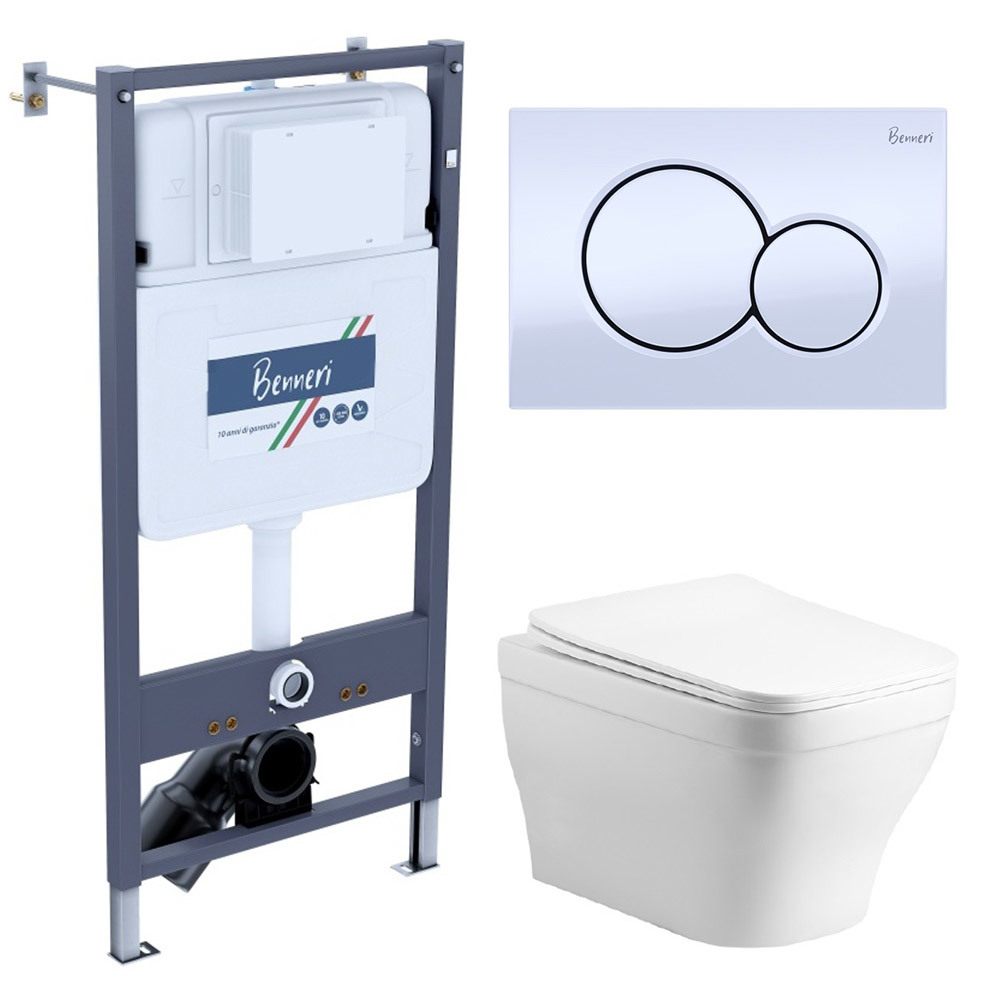 Изображение товара Комплект инсталляции с унитазом Benneri B4. 53. 019A. AQ1180 белый - подвесной безободковый унитаз 