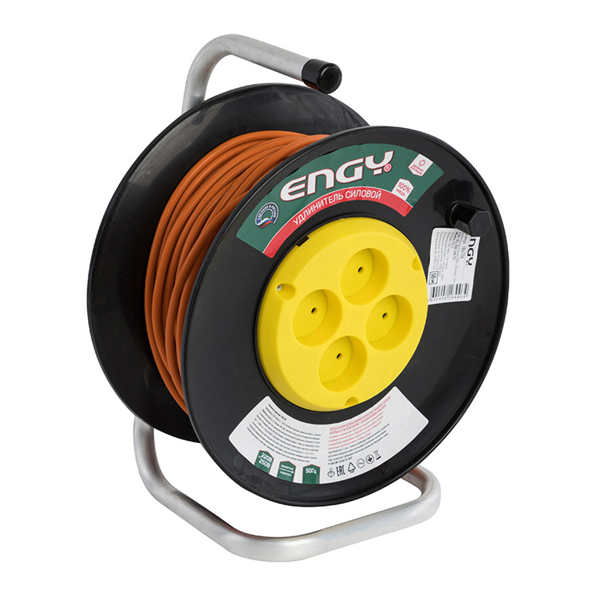 Изображение товара Удлинитель на катушке Engy 258858 4 розетки без заземления 2x0.75 мм 50 м 1300 Вт цвет оранжевый