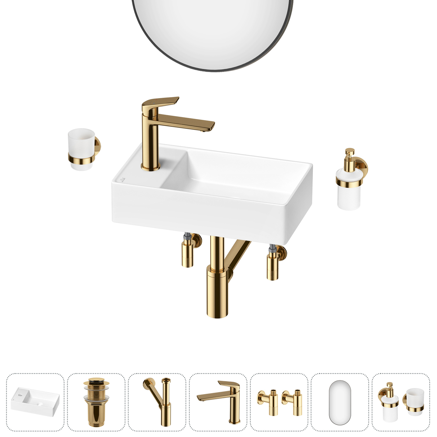 Изображение товара Раковина мини Wellsee WC Area 41см комплект 7 в 1 с аксессуарами и зеркалом