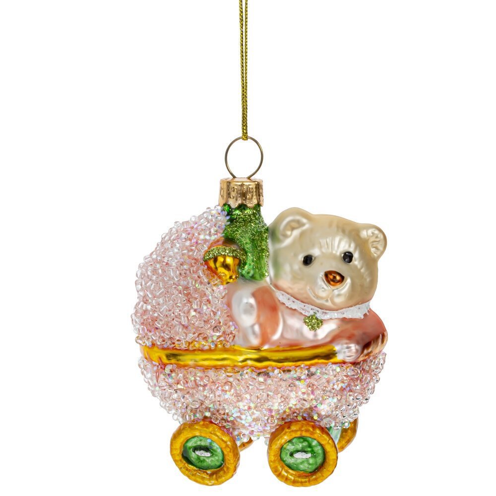 Изображение товара Елочная игрушка Медвежонок в коляске 8.5 см розовая стеклянная праздничная
