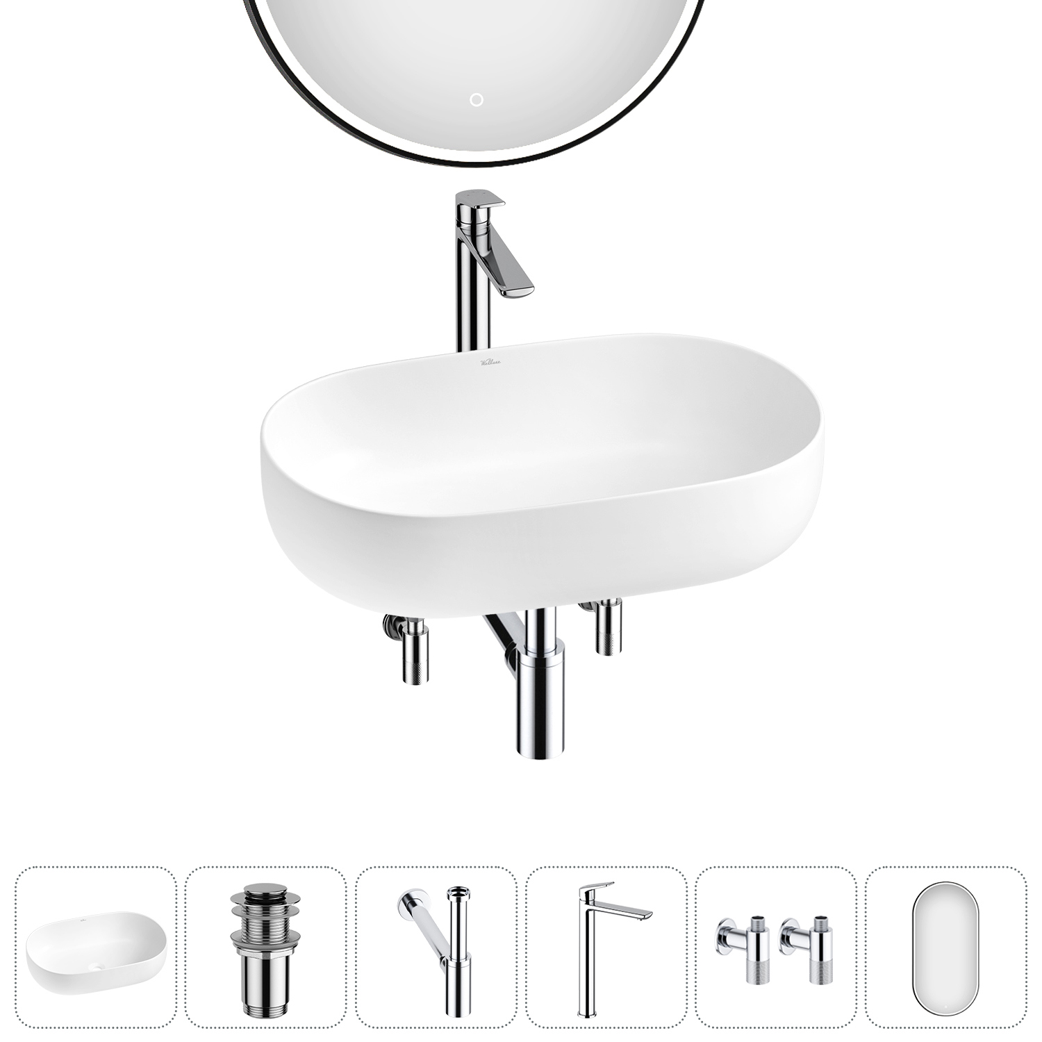 Изображение товара Раковина накладная Wellsee Chic Riviera 48 см комплект 6 в 1 из RefCeram®