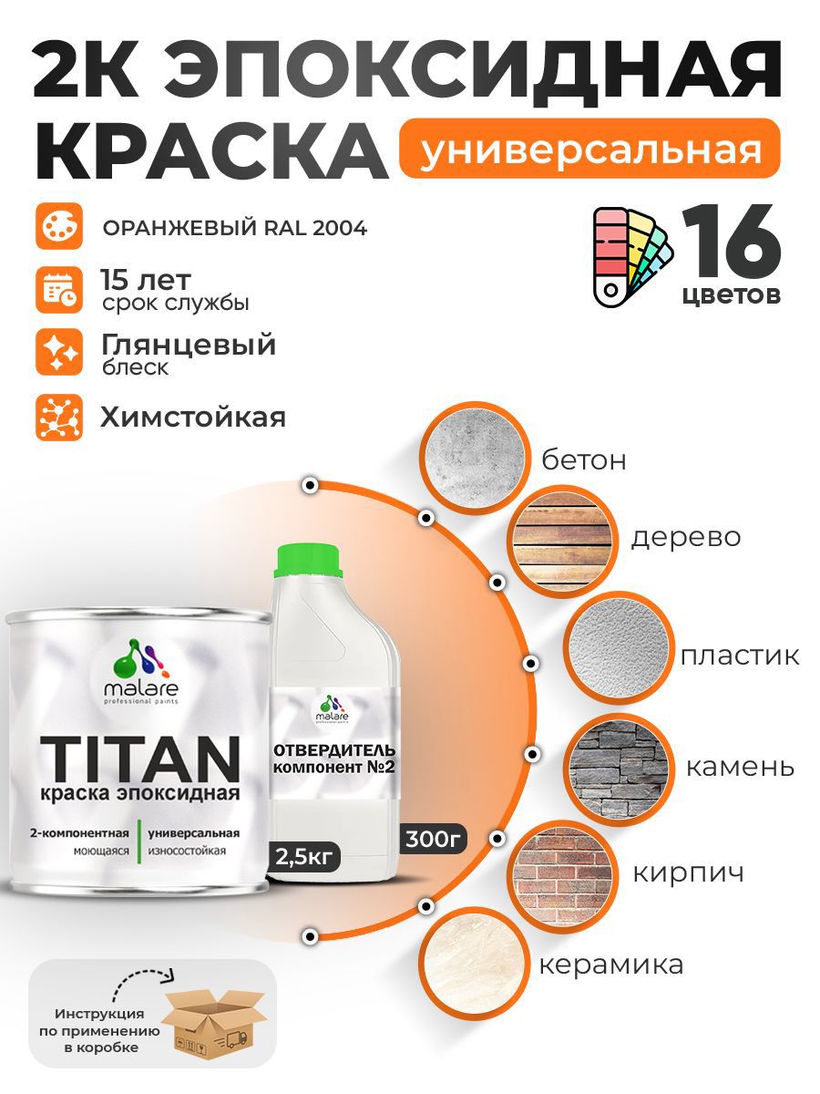 Изображение товара Краска эпоксидная двухкомпонентная Malare Titan высокопрочная глянцевая цвет RAL 2004 оранжевый 2.5 кг отвердитель 0.3 кг