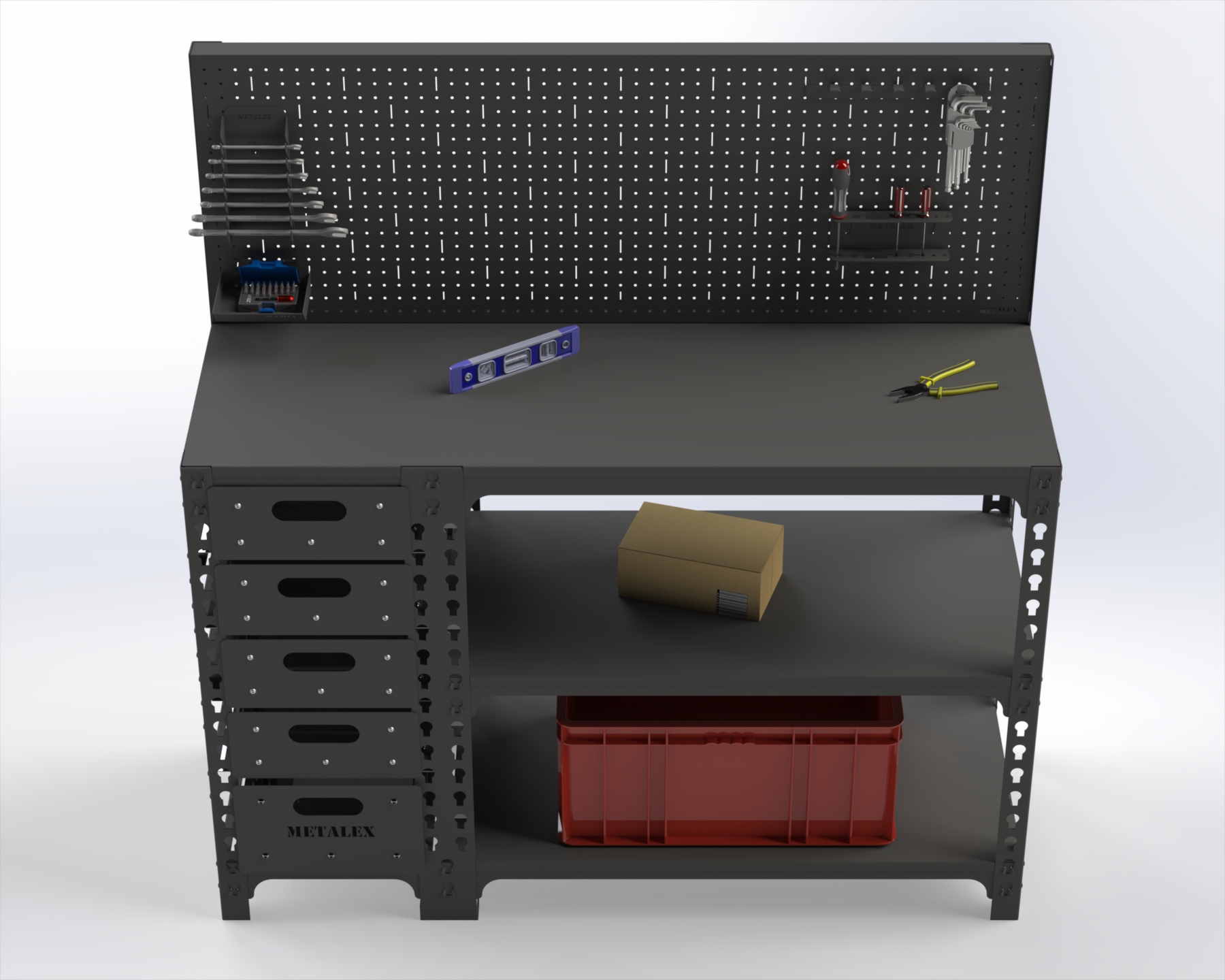 Изображение товара Стол-верстак c одной тумбой Metalex 111829 950x1600x400 мм, максимальная нагрузка до 260 кг, с комплектом аксессуаров