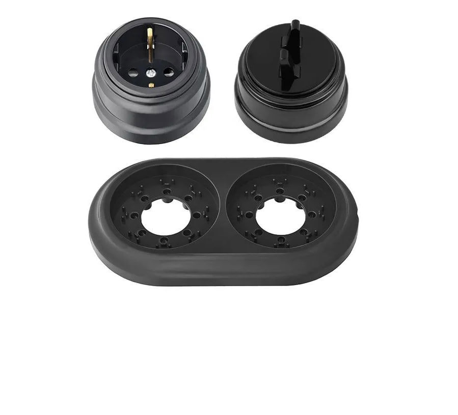 Изображение товара Розетка с выключателем и рамкой 2 поста накладные Bylectrica Ретро РА16-0202 А510-2204 ЮЛИГ.735212.471 с заземлением цвет черный