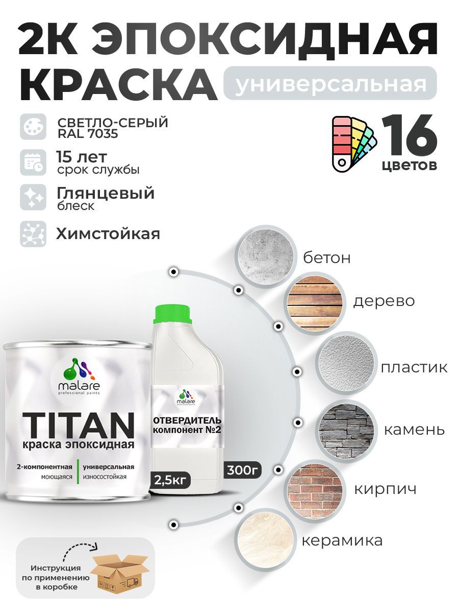 Изображение товара Краска эпоксидная двухкомпонентная Malare Titan высокопрочная глянцевая цвет RAL 7035 светло-серый 2.5 кг отвердитель 0.3 кг