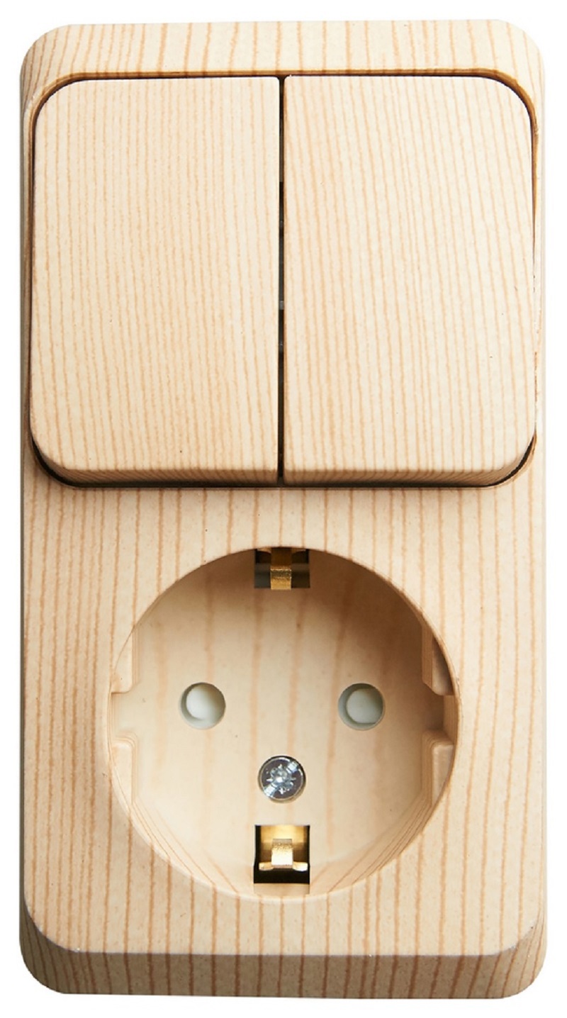 Изображение товара Розетка с выключателем накладные Systeme electric Этюд BPA16-202D с заземлением и шторками цвет сосна