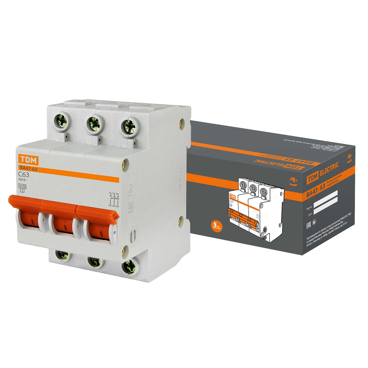 Изображение товара Автоматический выключатель Tdm electric ВА47-63 SQ0218-0025 3P C63 А 4.5 кА 234573