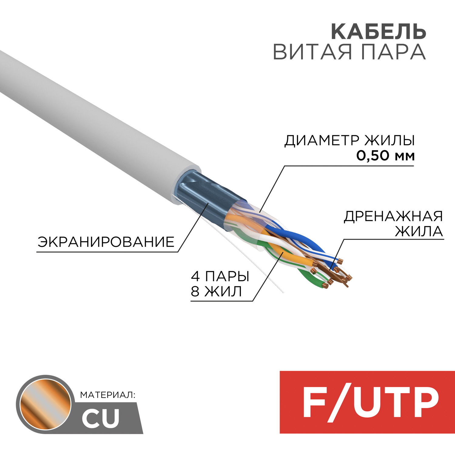 Изображение товара Кабель витая пара Rexant F/UTP CAT 5e PVC 4PR 24AWG indoor solid серый 305 м