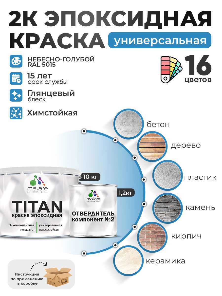 Изображение товара Краска эпоксидная двухкомпонентная Malare Titan высокопрочная глянцевая цвет RAL 5015 небесно-голубой 10 кг отвердитель 1.2 кг