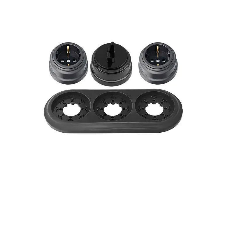 Изображение товара Розетка с выключателем и рамкой 3 поста накладные Bylectrica Ретро РА16-0202 А510-2204 ЮЛИГ.735212.472 с заземлением цвет черный