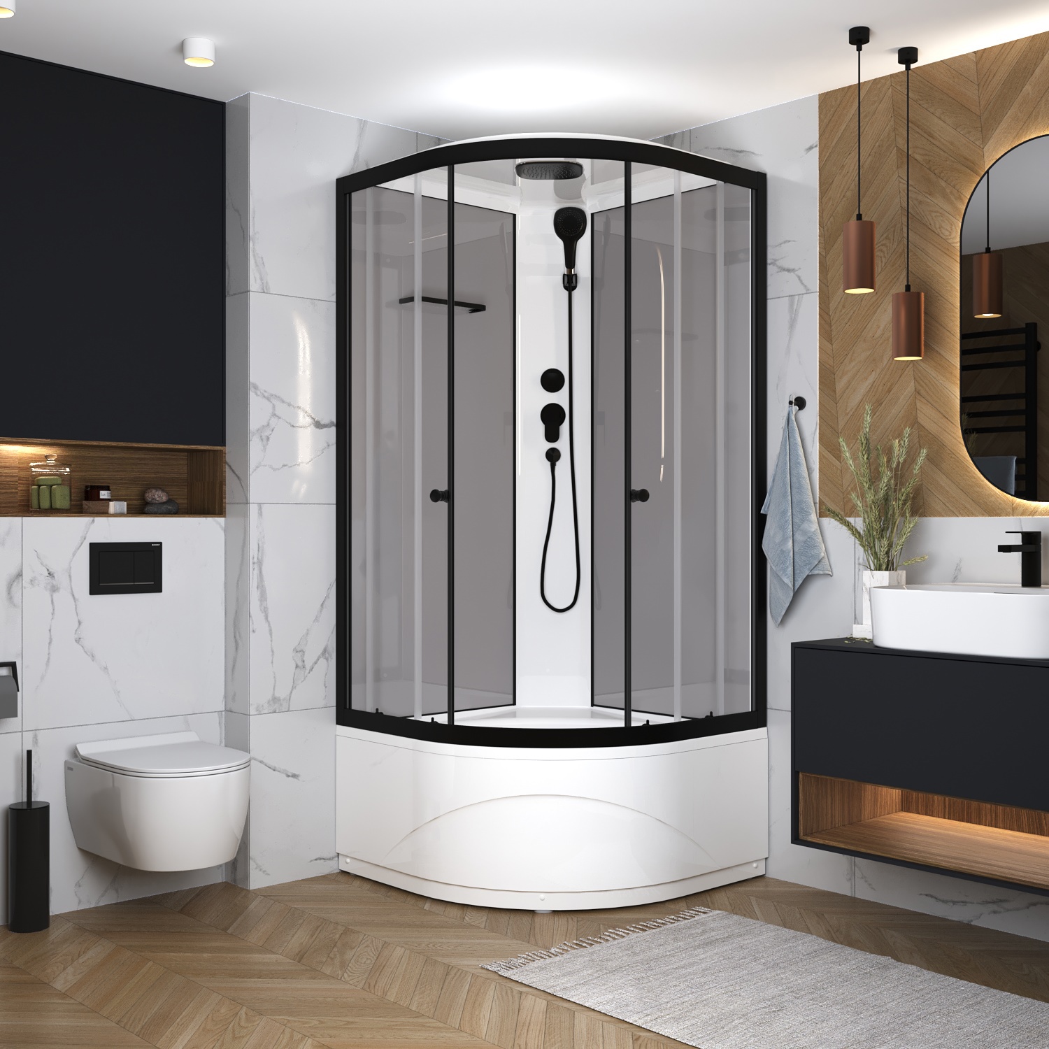 Изображение товара Душевая кабина Domani-Spa Delight Slim 99 high 90x90x218 высокий поддон серые стенки, прозрачное стекло, графит профиль, Black accents