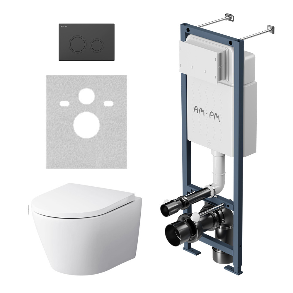 Изображение товара Инсталляция с подвесным унитазом Am.pm IS110138.741701 Sense FlashClean, сиденье с м/л, механическая клавиша смыва, черный матовый