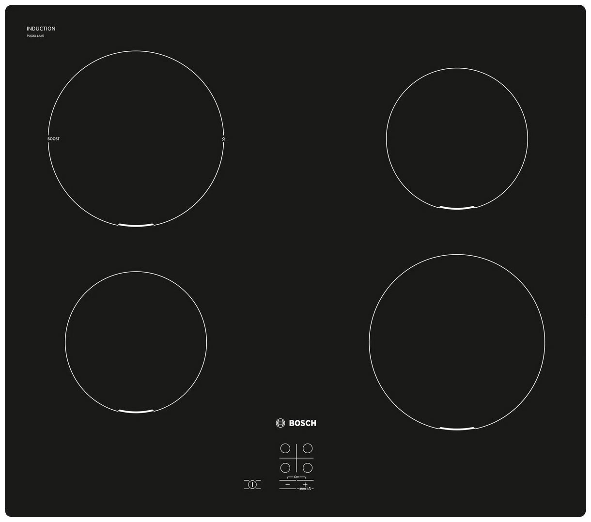 Изображение товара Электрическая варочная панель Bosch Serie 4 PUG611AA5E 4 индукционные конфорки черная