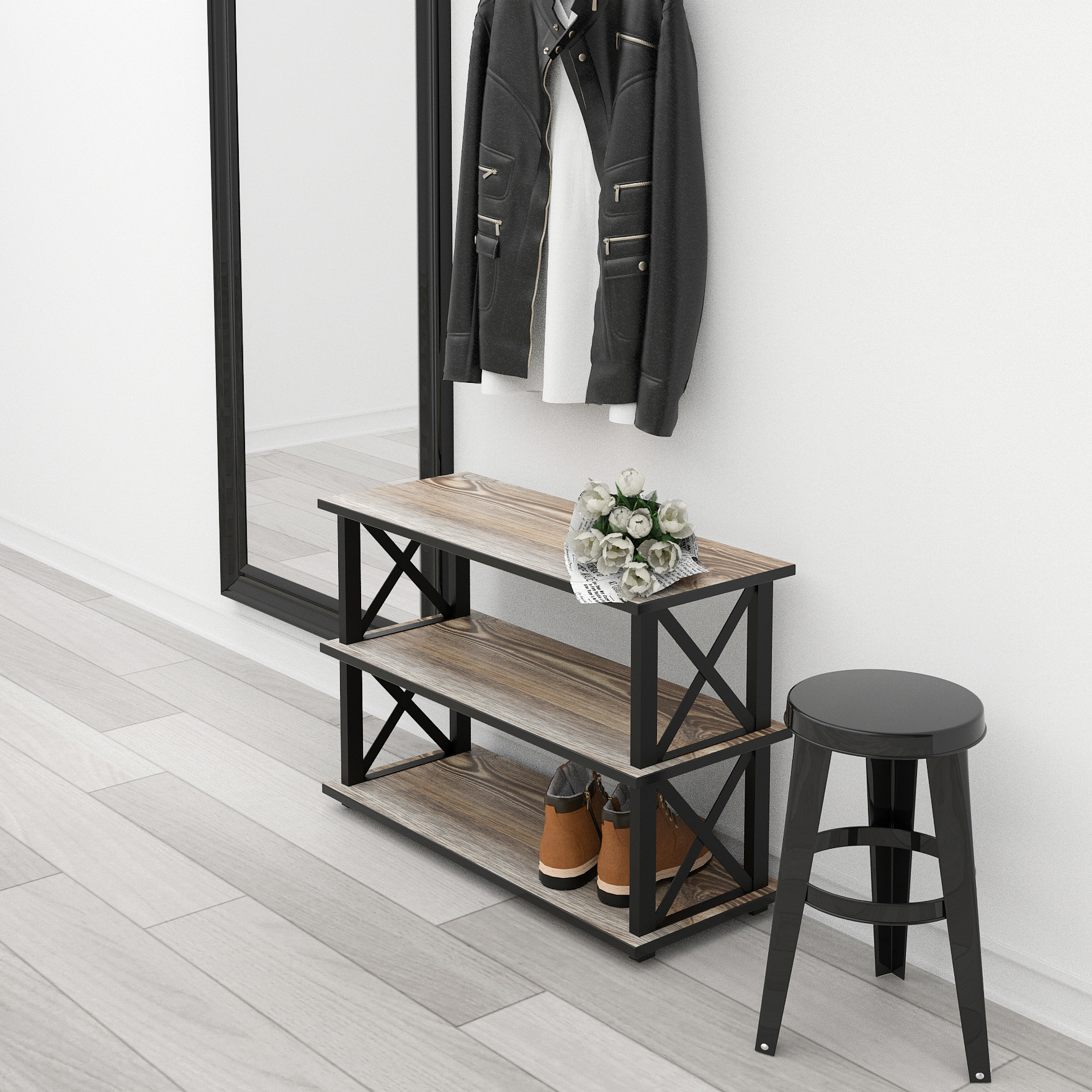 Изображение товара Этажерка для обуви Make mebel 75x49x30 см 3 полки металл цвет серый, коричневый, черный Изображение товара Этажерка для обуви Make mebel 75x49x30 см 3 полки металл цвет серый, коричневый, черный
