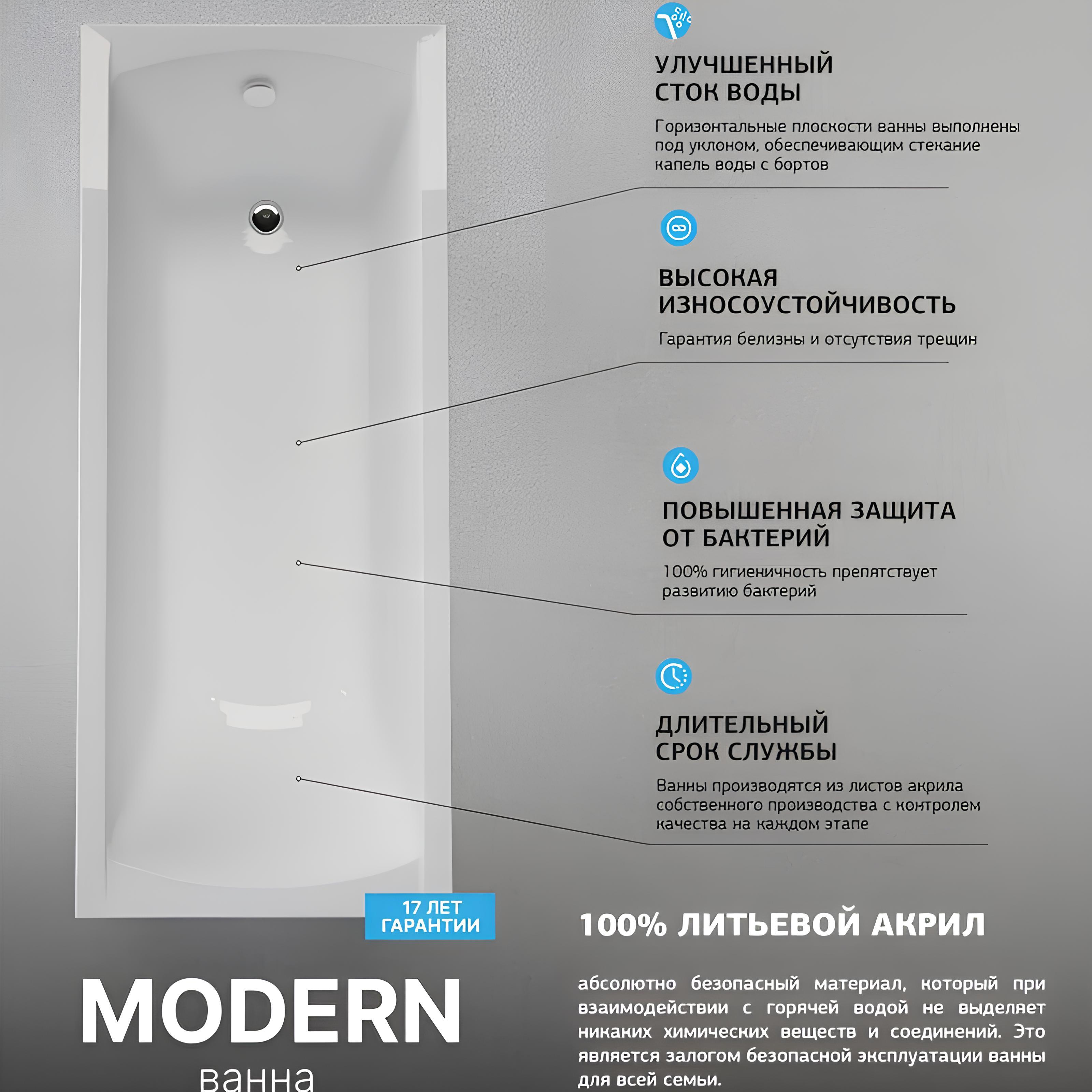 Ванна акриловая Marka One Modern 165x70 Прямоугольная белая 01мод16570 ...